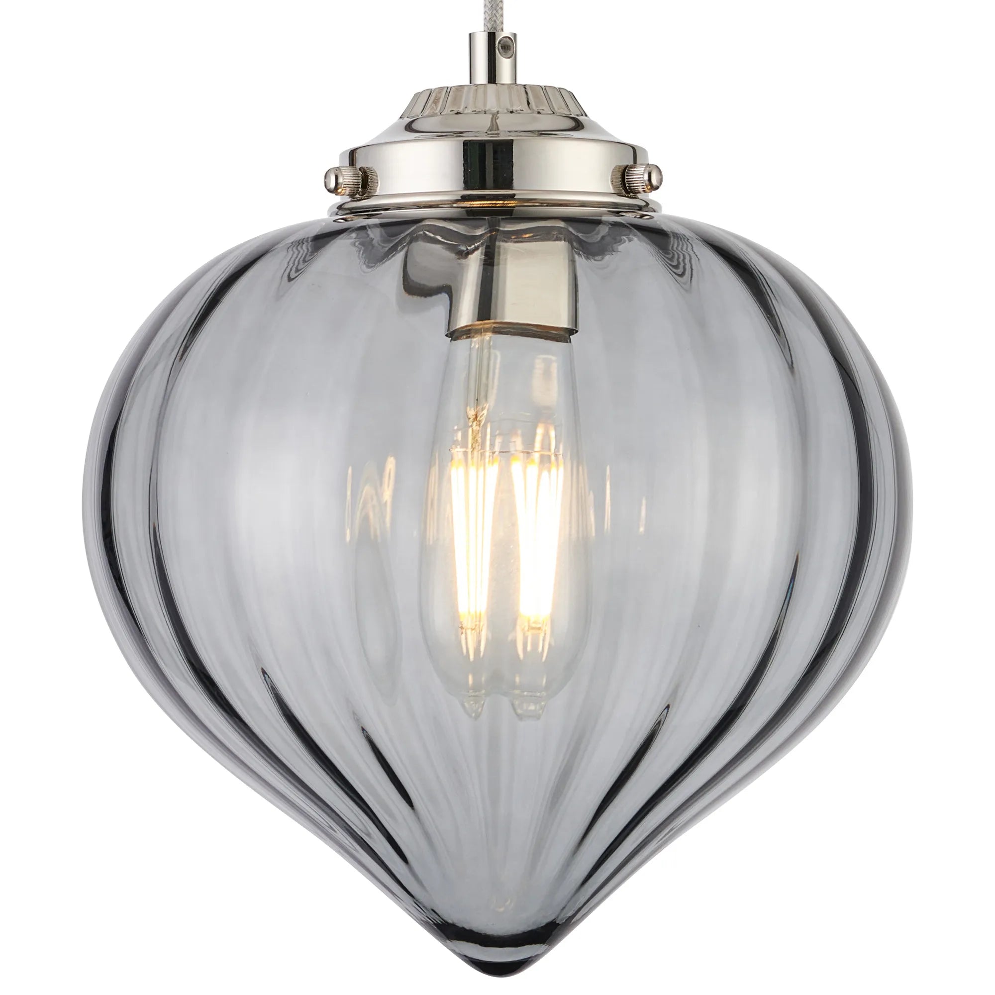 Grove Single Pendant with Flower Bud Shade - Polished Nickel & Grey Braided Cable & Smoke