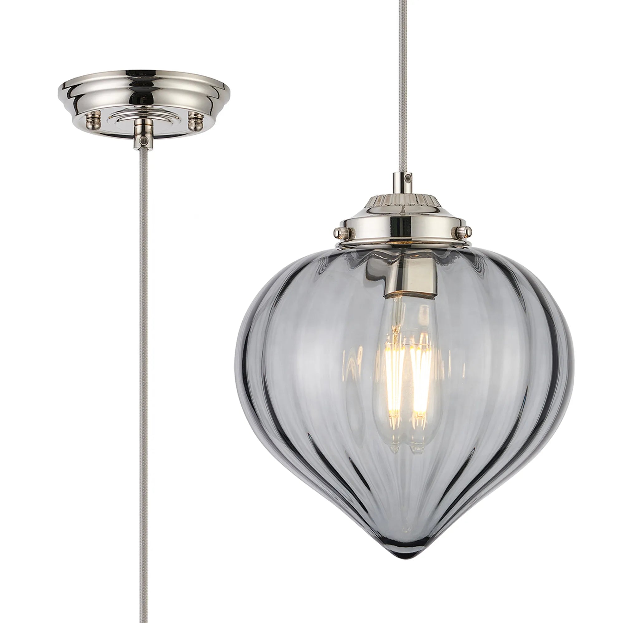 Grove Single Pendant with Flower Bud Shade - Polished Nickel & Grey Braided Cable & Smoke