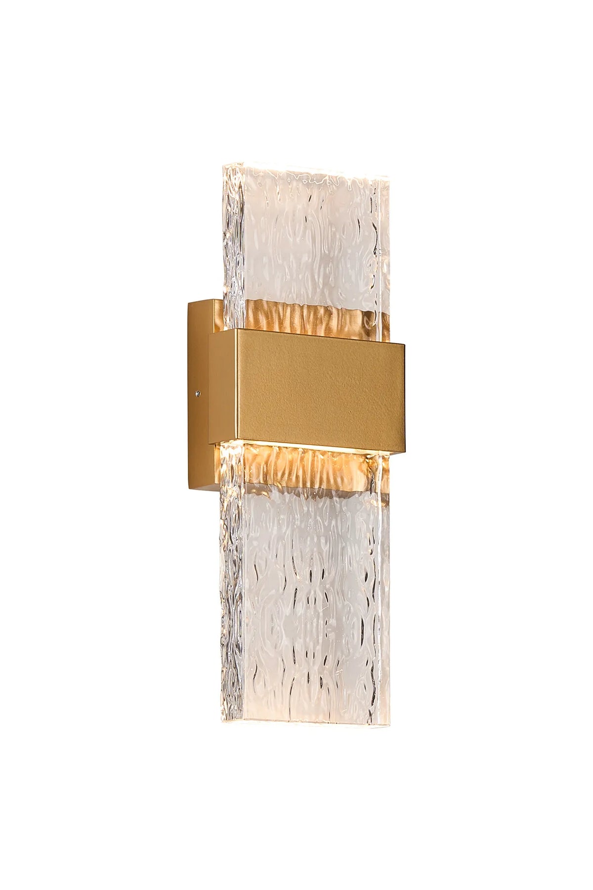 Fabula Havant IP65 Up/Down LED Wall Light – Satin Gold & Seiche Textured Glass 36 cm