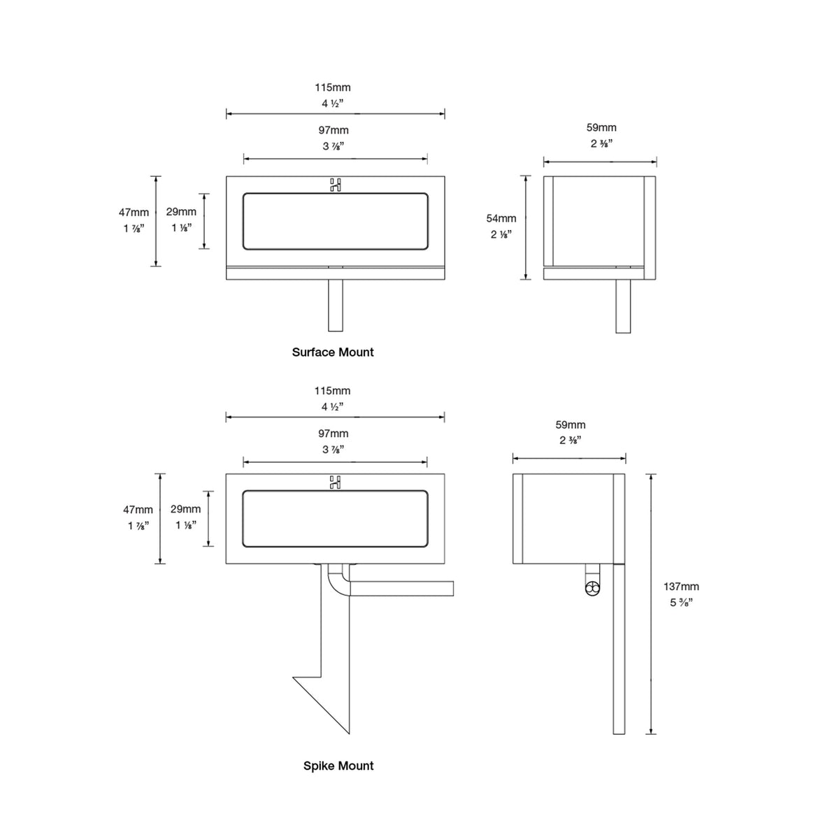 Dimension drawing of the Hunza Verge path light, 115mm wide, 47mm high and 59mm deep, surface mount 54mm tall, spike mount 137mm overall