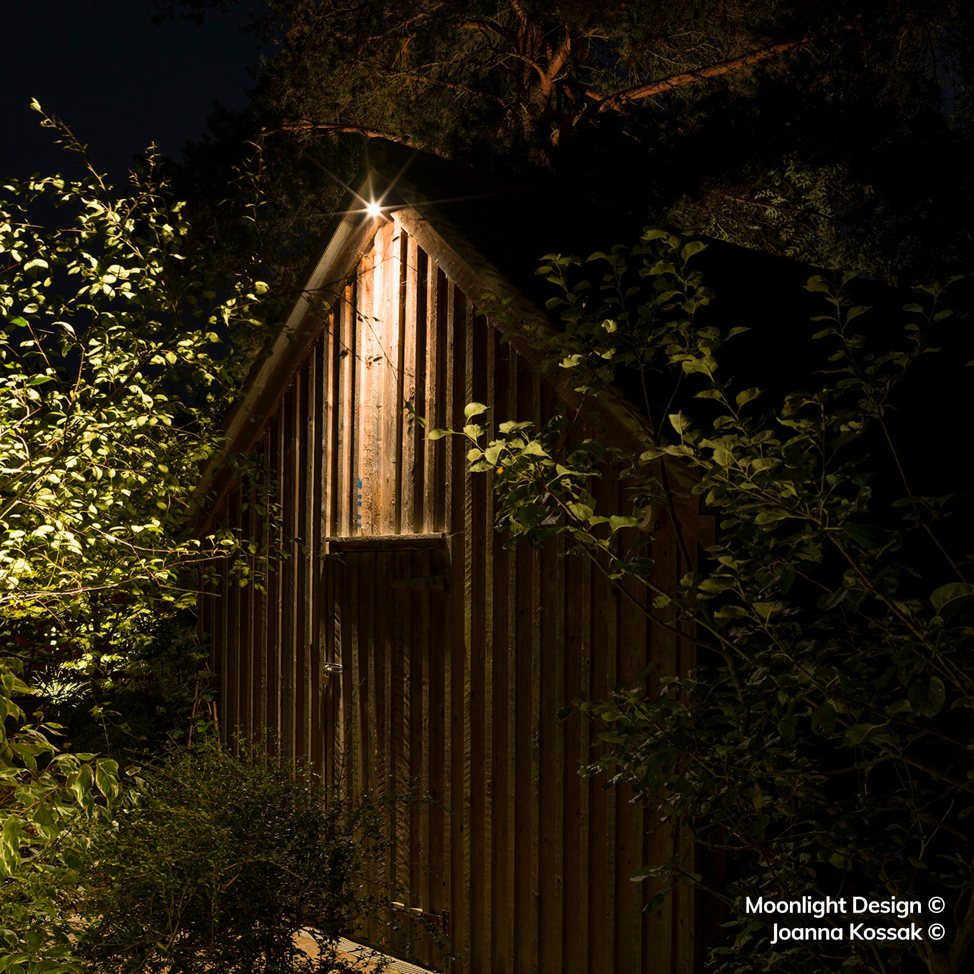 Moonlight Design lifestyle photograph of a Hunza wall down light fixed to the gable apex of a timber-clad garden building, lighting the boarded end at night.