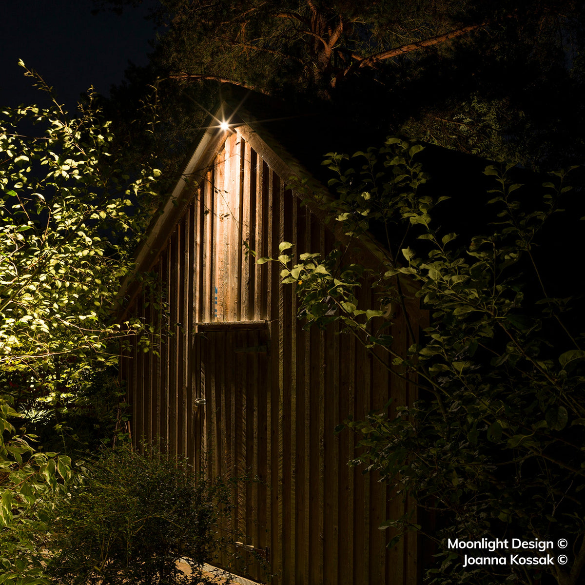 Moonlight Design lifestyle photograph of a Hunza wall down light fixed to the gable apex of a timber-clad garden building, lighting the boarded end at night.