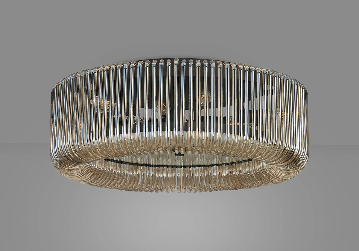 Fabula Hutton Round Flush Ceiling Light – Black & Smoke Brown Glass