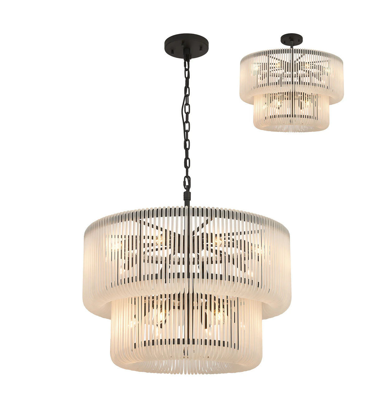 Fabula Hutton 2 Tier Round /Semi Pendant Light – 78 cm – Black & Frosted Glass 78 cm