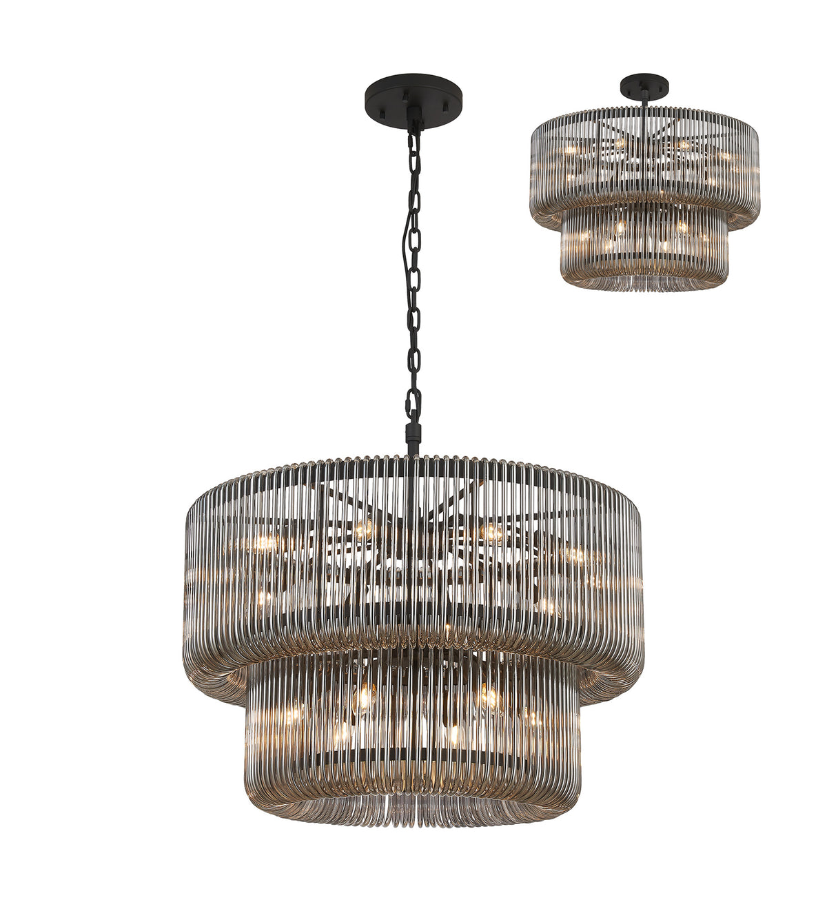 Fabula Hutton 2 Tier Round /Semi Pendant Light – 78 cm – Black & Smoke Glass 78 cm