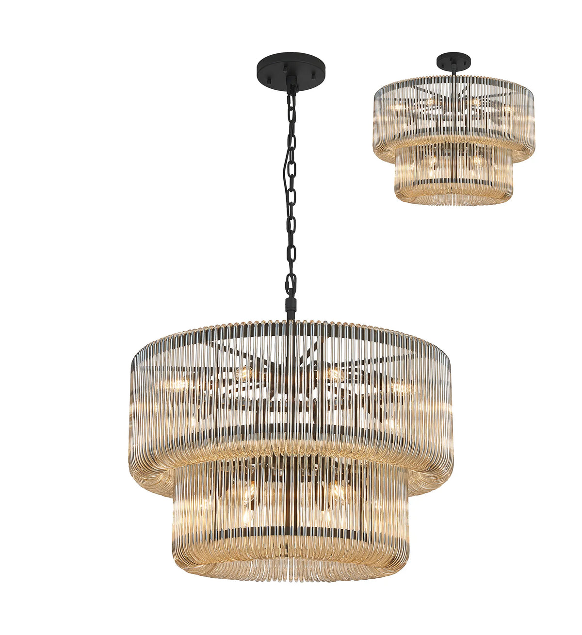 Fabula Hutton 2 Tier Round /Semi Pendant Light – 78 cm – Black & Smoke Brown Glass 78 cm
