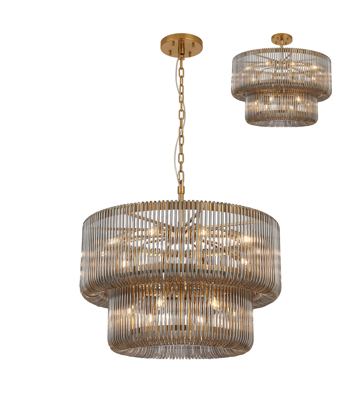 Fabula Hutton 2 Tier Round /Semi Pendant Light – 78 cm – Brass & Smoke Glass 78 cm