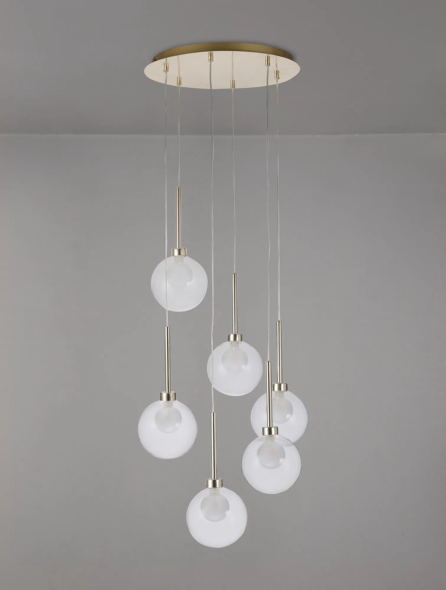 Fabula Tamworth 6 Light Round Pendant - Round Shades with Inner Frosted Globes - French Gold, Clear & Frosted Glass