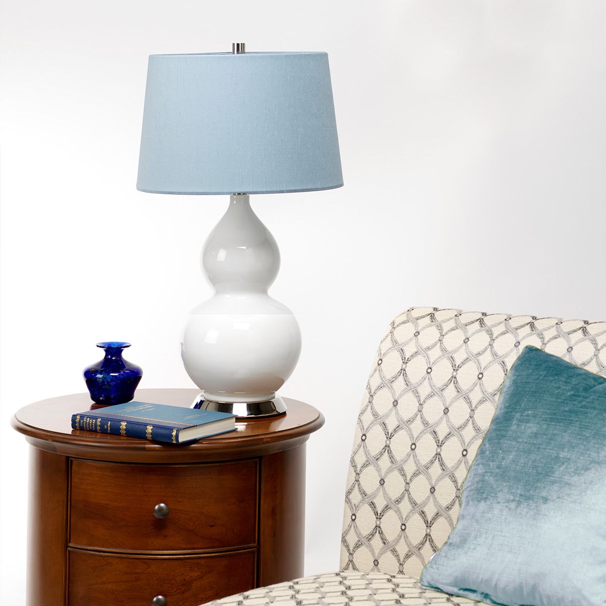 Elstead Isla 1 Light Table Lamp - White, Polished Nickel & Blue