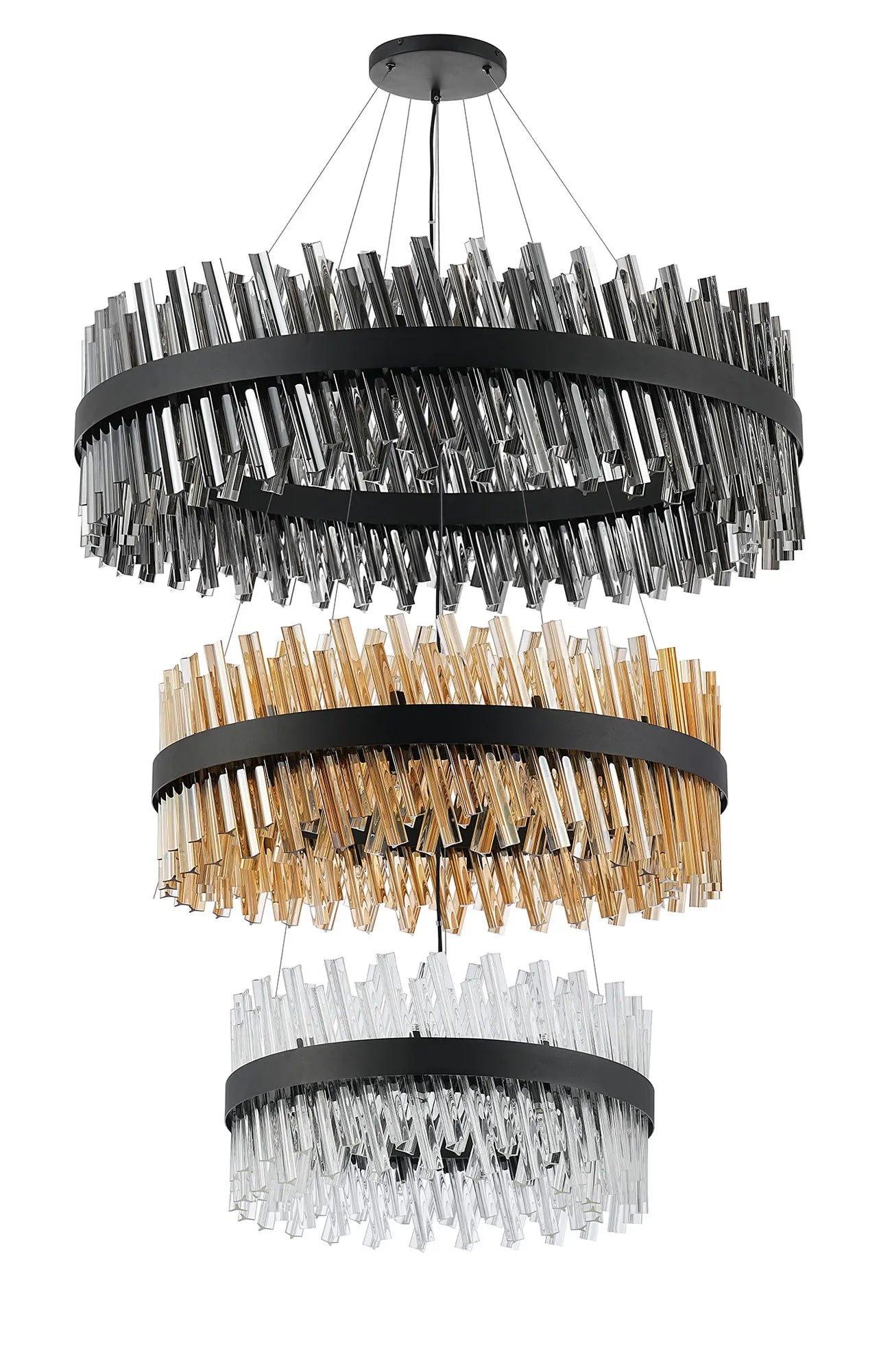 Fabula Farnley 3 Tier 1m Pendant 32 Light - Satin Black & Smoke & Amber & Clear