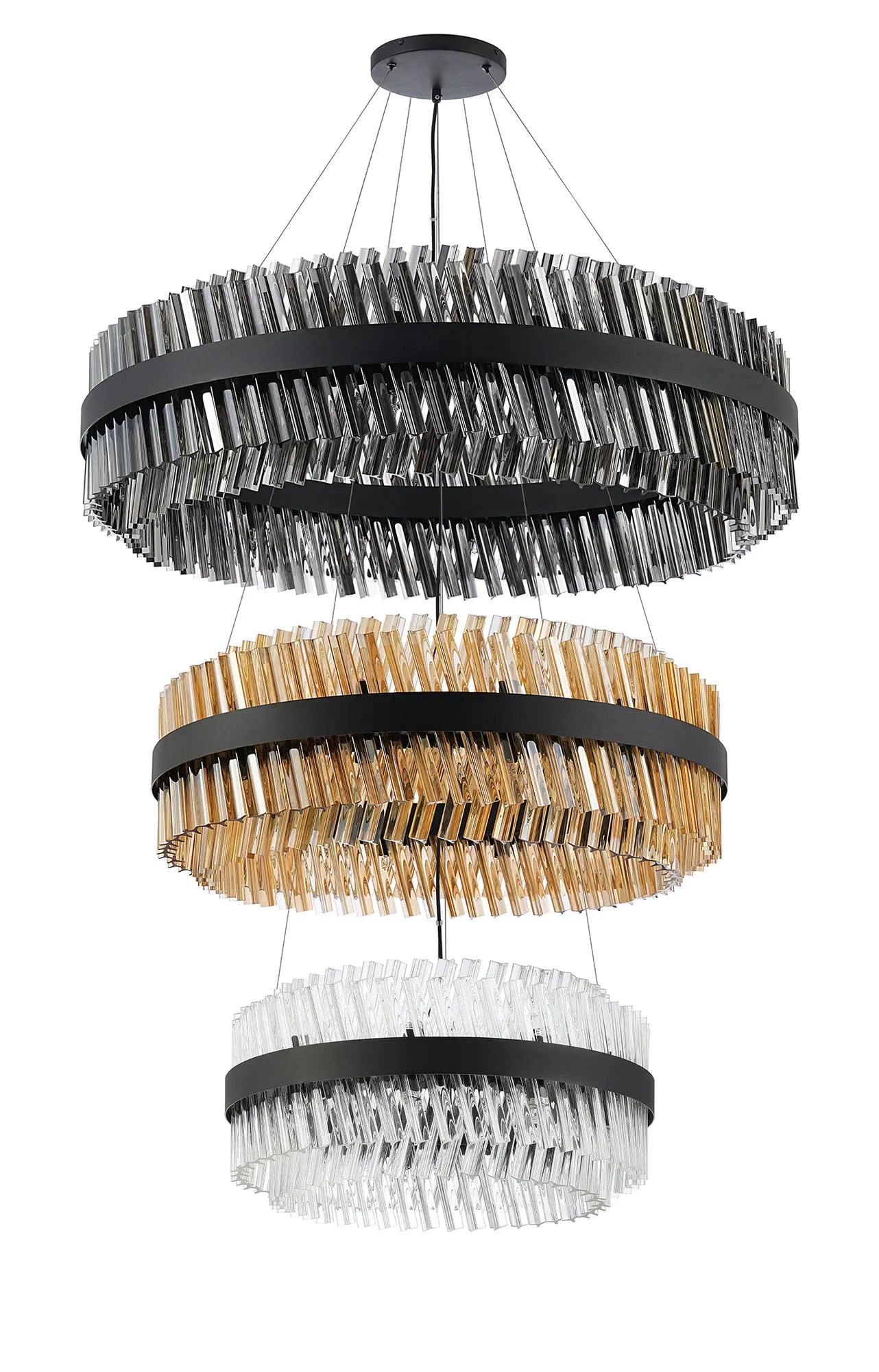 Fabula Farnley 3 Tier 1m Pendant 32 Light - Satin Black & Smoke & Amber & Clear