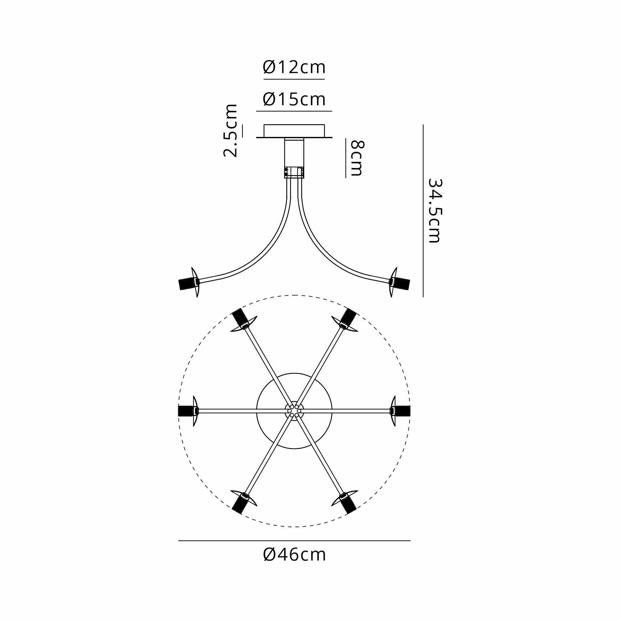 Deacon Semi-Flush Curved Arm Ceiling Light - (Frame Only) 6 Light - Satin Black