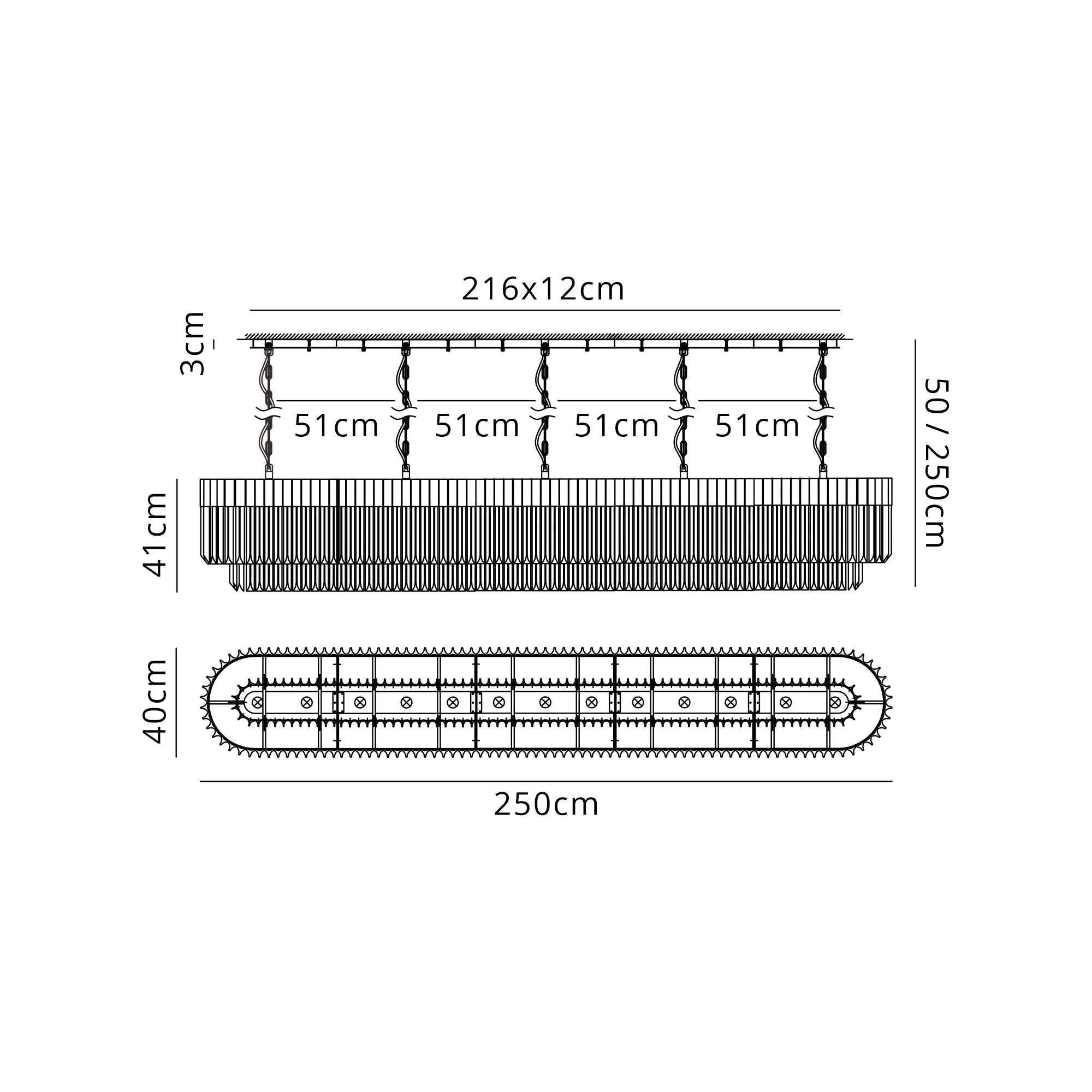 Cedar 250 x 40cm Linear Pendant 13 Light - Matt Black & Clear Sculpted Glass