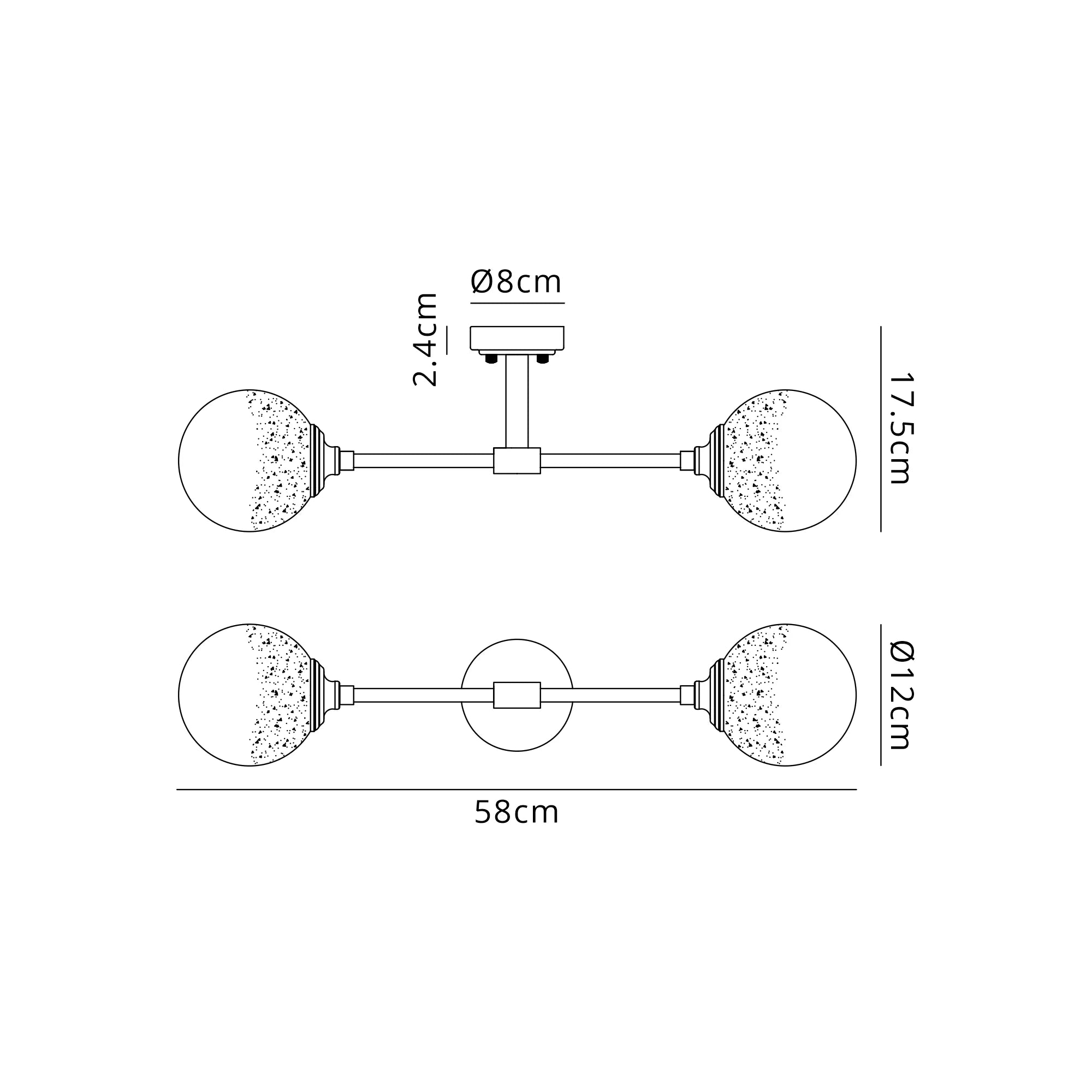 Dene Ceiling & Wall Light - Linear 2 Light - IP44 Nickel & White Two-Tone Snow Specks Round Glass