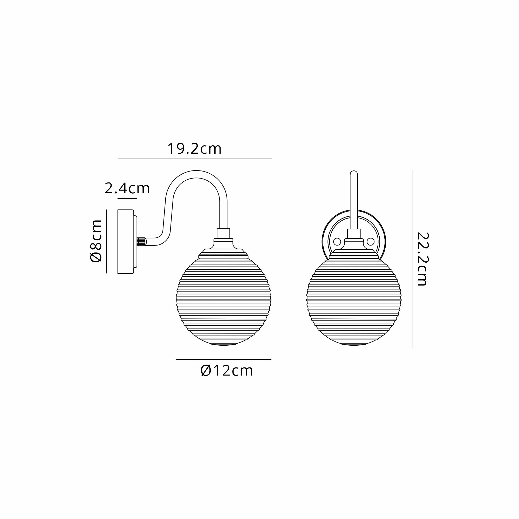 Dene Curved Arm Wall Light - 1 Light - IP44 Satin Black & Clear Ribbed Round Glass