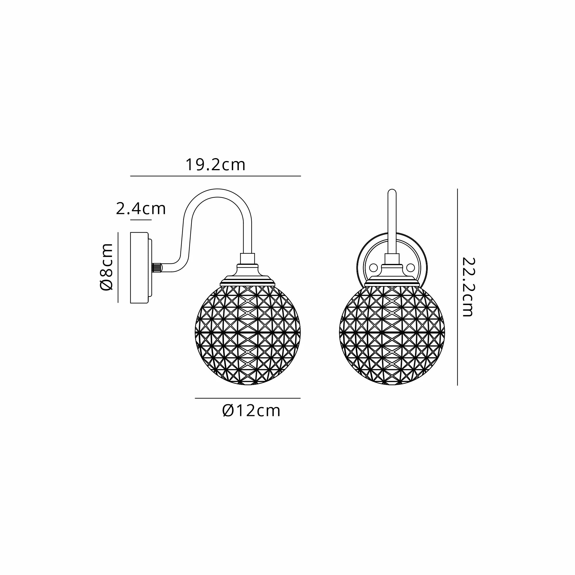 Dene Curved Arm Wall Light - 1 Light - IP44 Satin Black & Clear Cross Pattern Round Glass