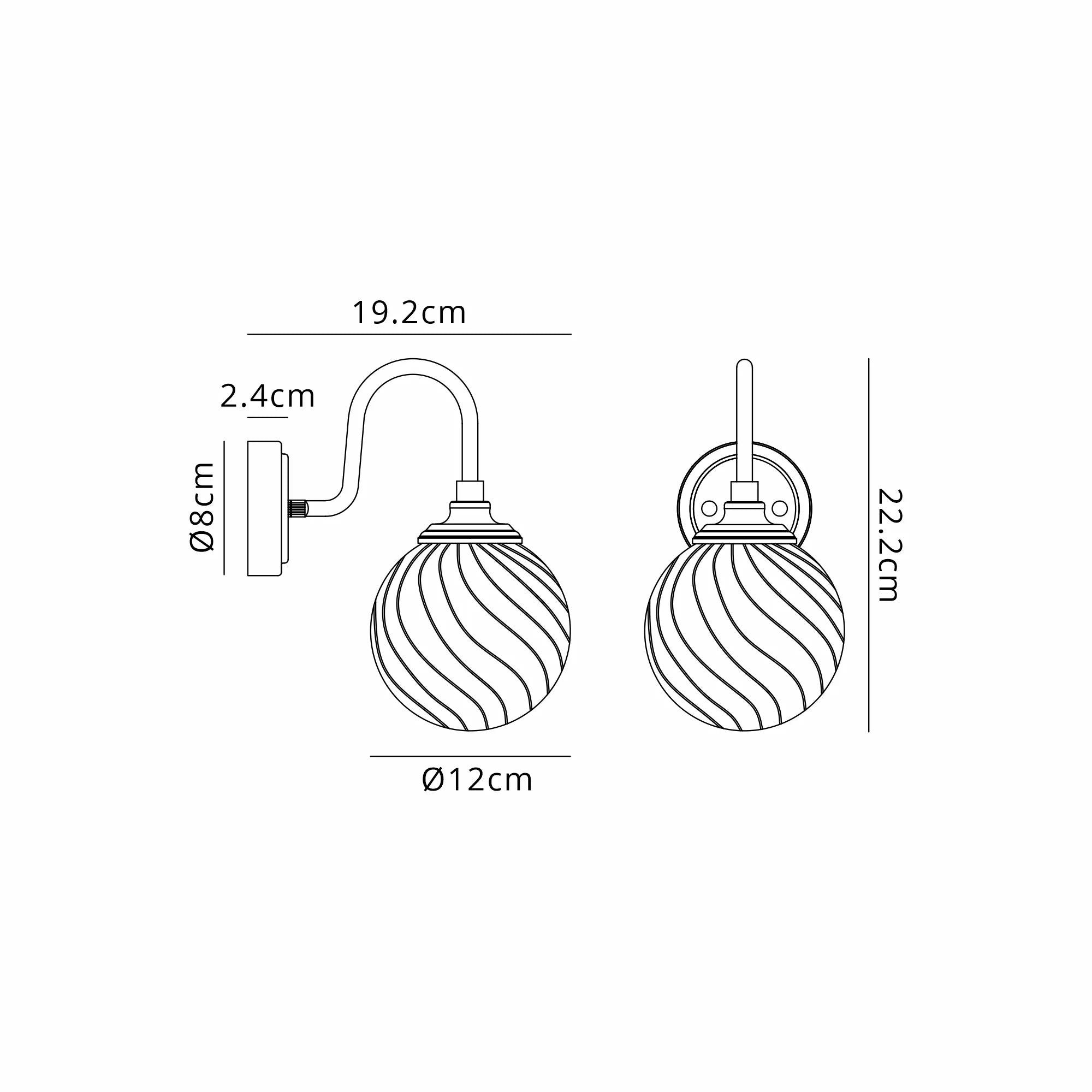 Dene Curved Arm Wall Light - 1 Light - IP44 Satin Black & Clear Swirl Round Glass