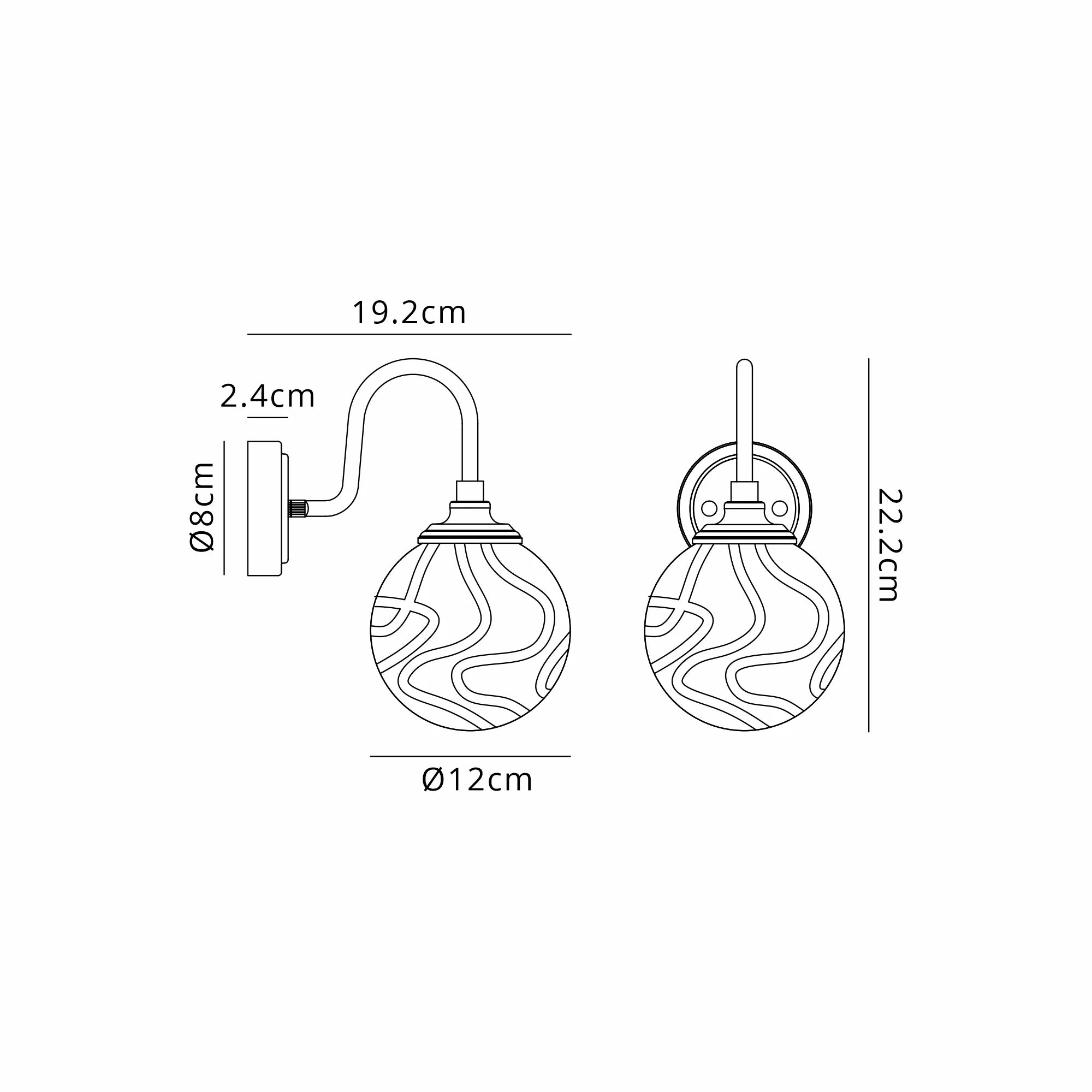 Dene Curved Arm Wall Light - 1 Light - IP44 Polished Nickel & Clear Waved Round Glass