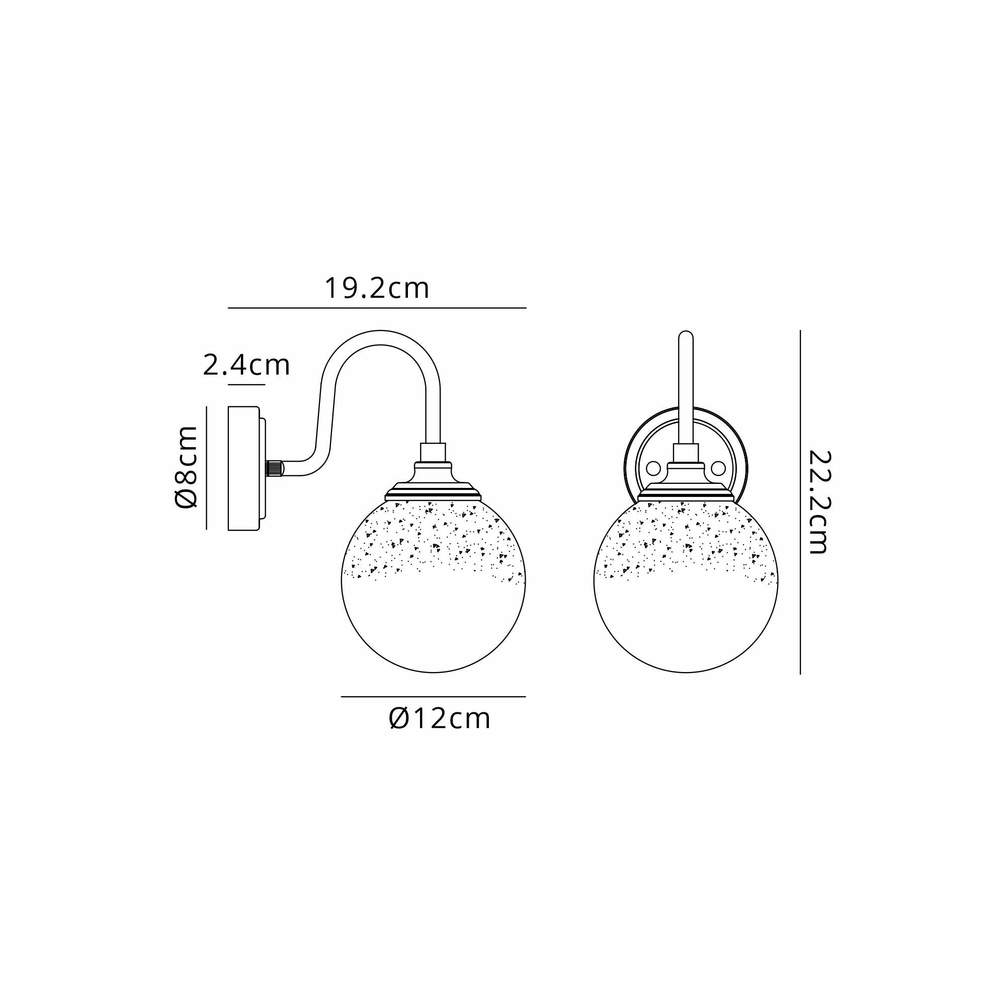 Dene Curved Arm Wall Light - 1 Light - IP44 Polished Nickel & White Two-Tone Snow Specks Round Glass