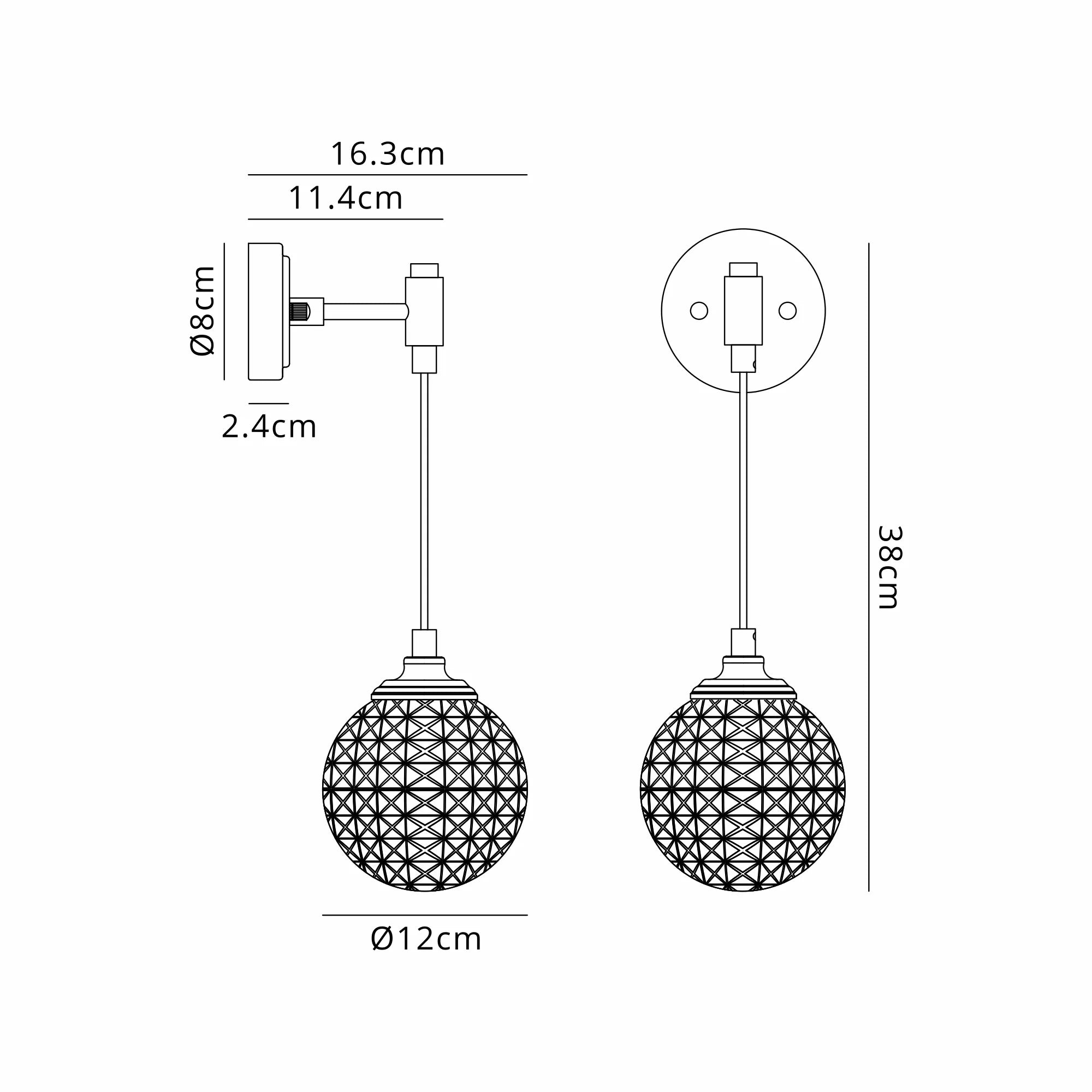 Dene Adjustable Single Wall Light IP44 - Polished Nickel & Clear Cross Pattern Round Glass