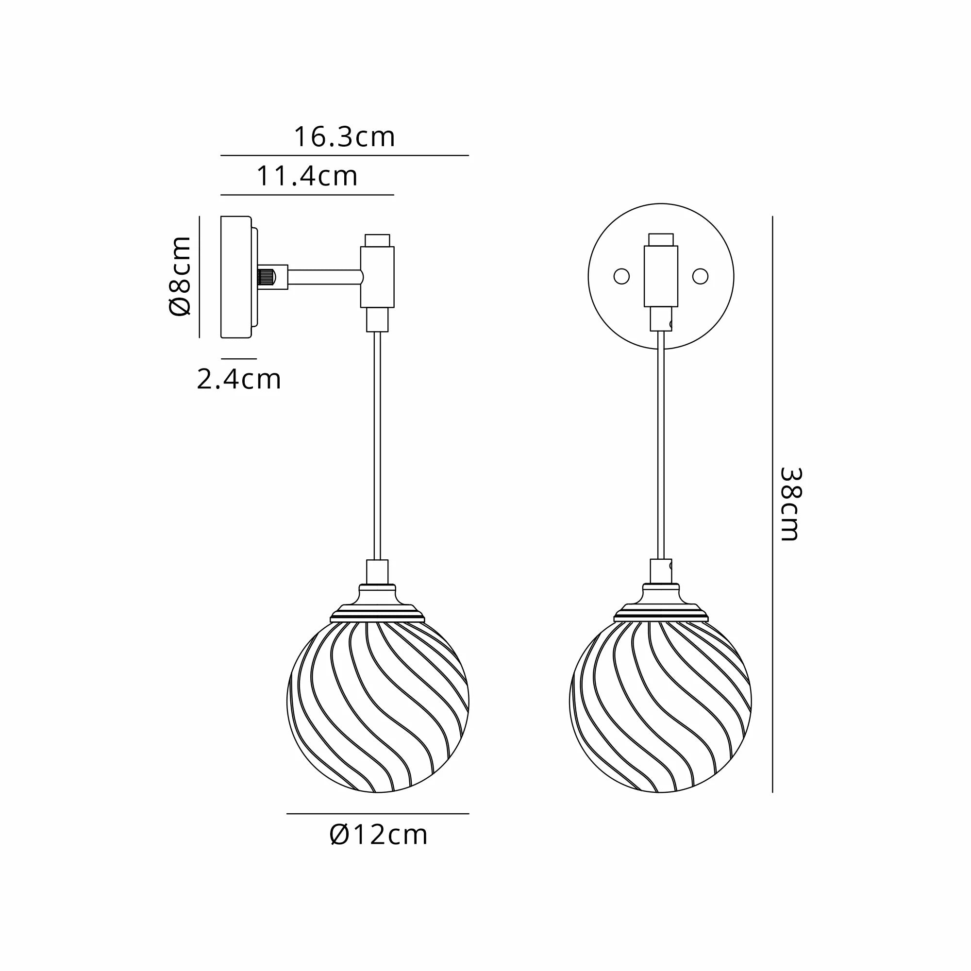 Dene Adjustable Single Wall Light IP44 - Polished Nickel & Clear Swirl Round Glass