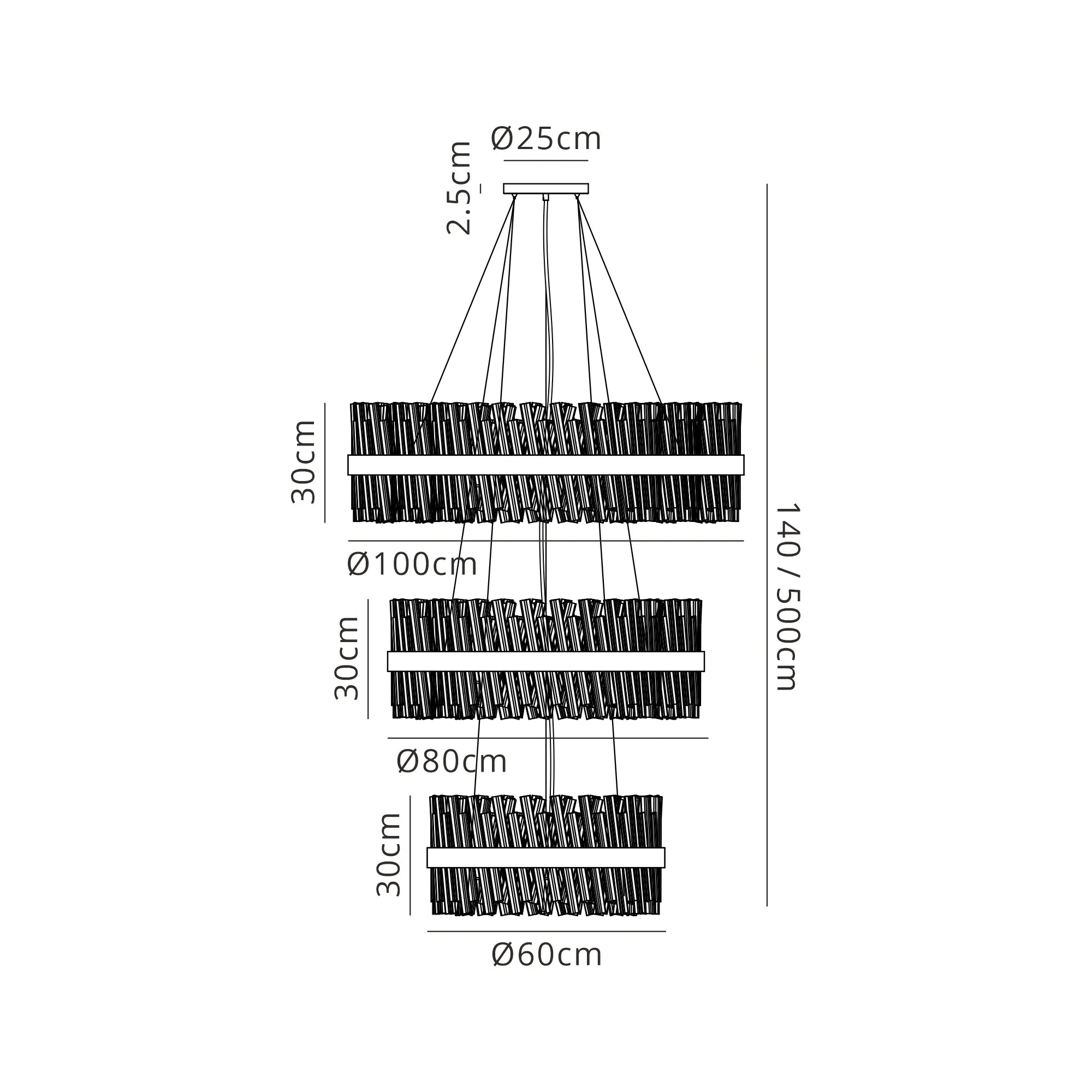 Farnley 3 Tier 1m Pendant 32 Light - Satin Black & Clear