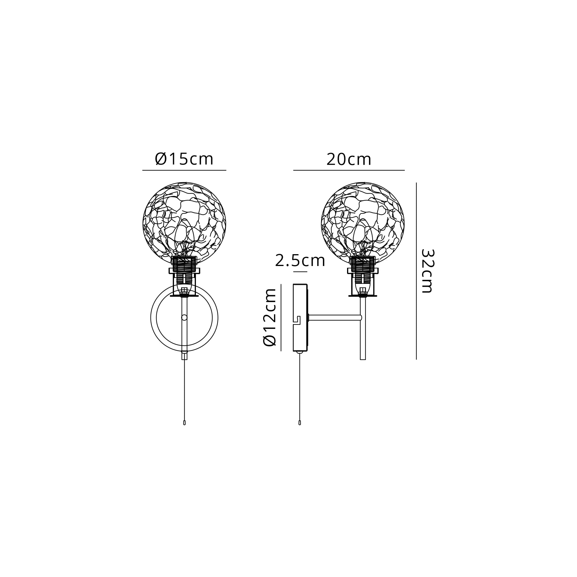 Sycamore Switched Wall Light with 15cm Round Crackled Glass Shade - Satin Nickel, Clear & Satin Black