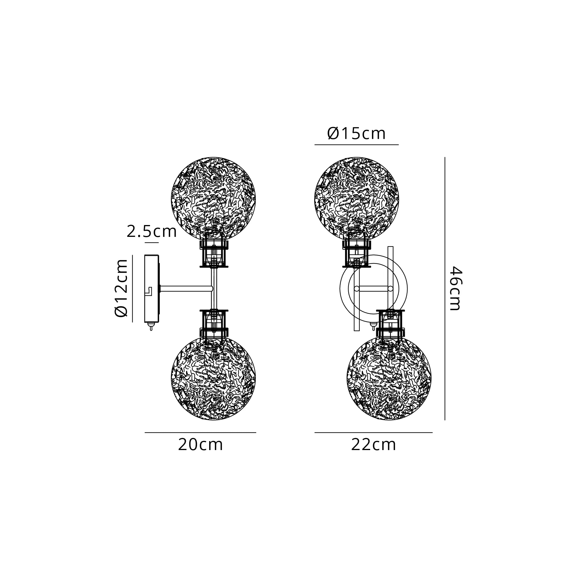 Sycamore Switched Wall Light 2 Light with 15cm Round Dimpled Glass Shade - Brass, Clear & Satin Black