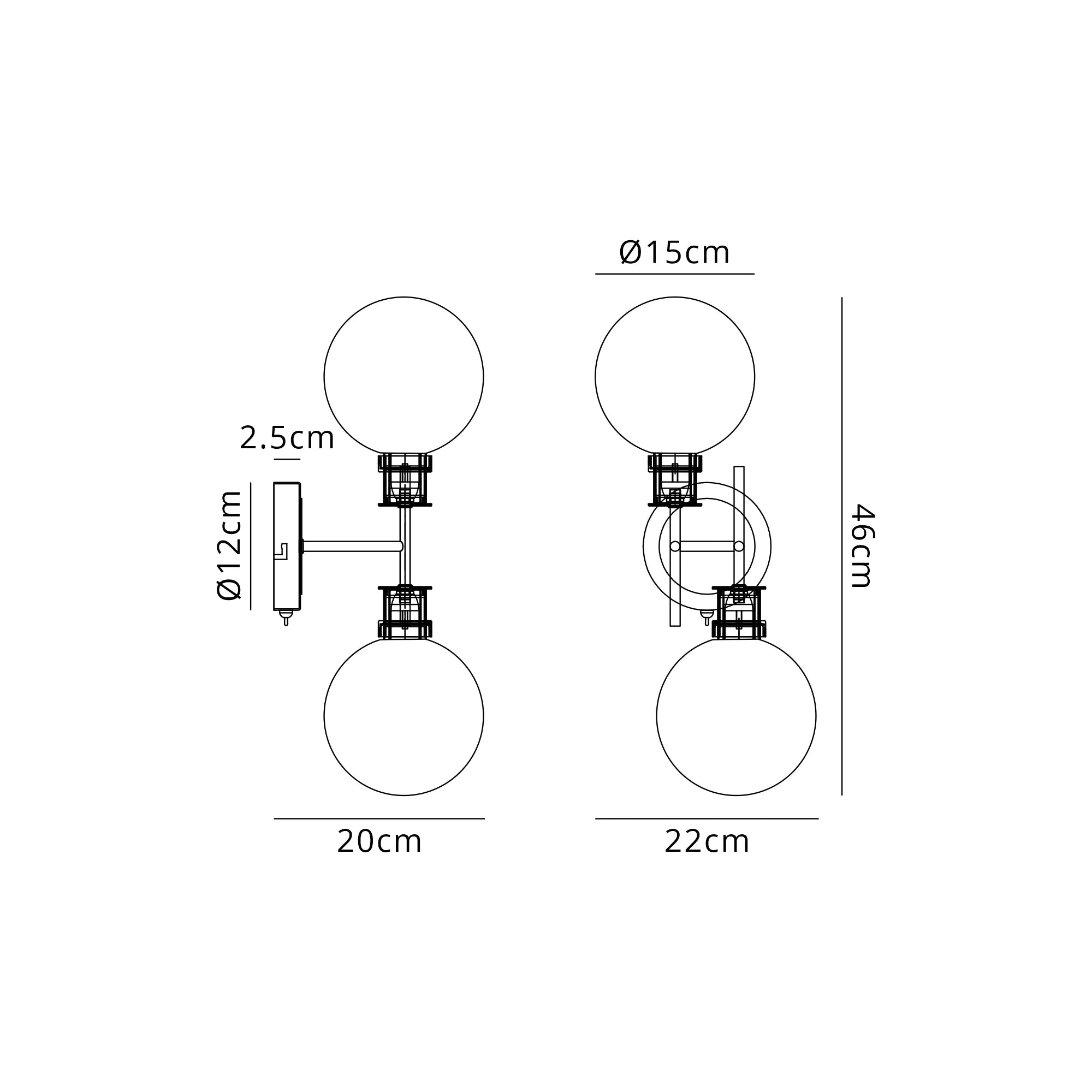 Sycamore Switched Wall Light 2 Light with 15cm Round Glass Shade - Brass, Opal & Satin Black