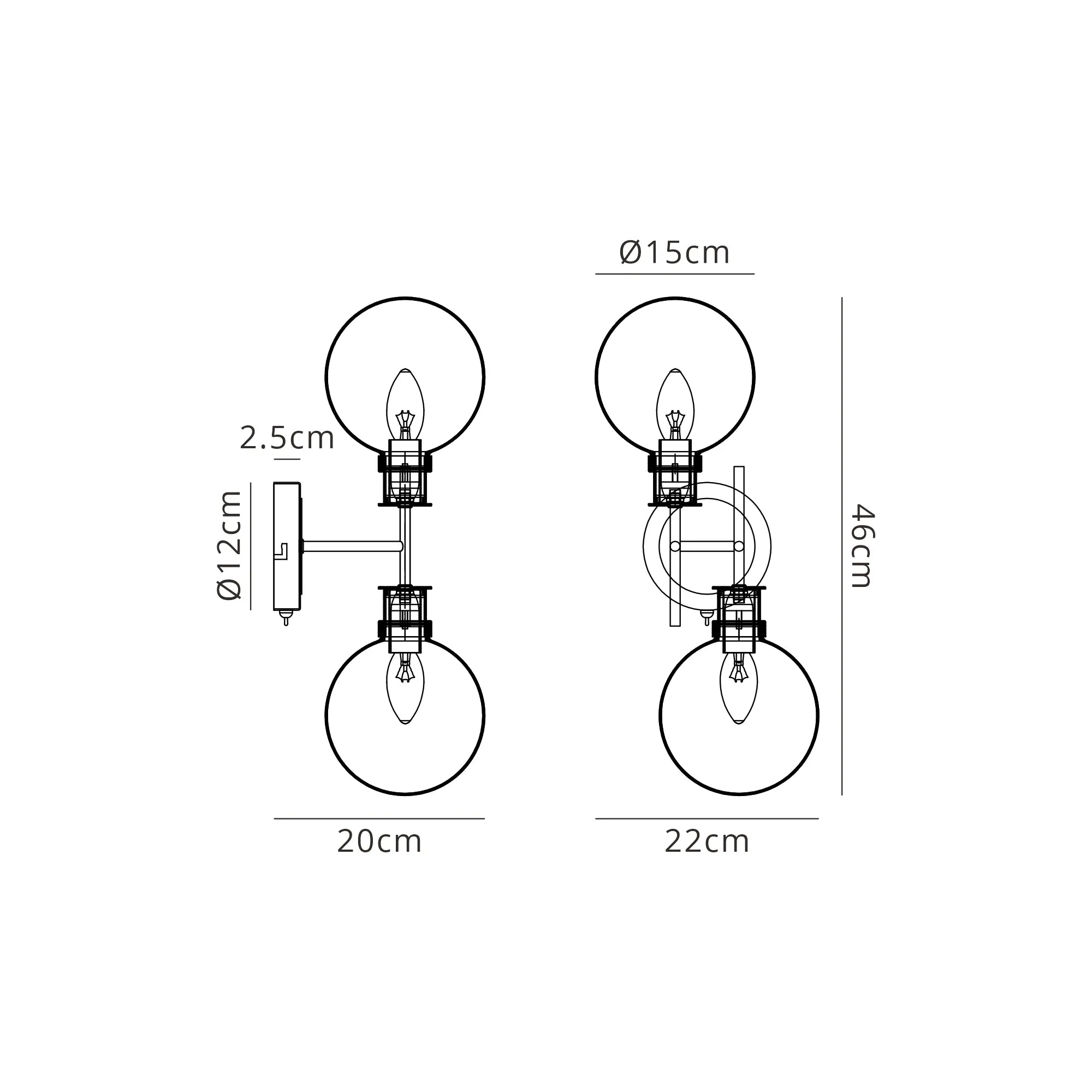 Sycamore Switched Wall Light 2 Light with 15cm Round Glass Shade - Satin Nickel, Clear & Satin Black