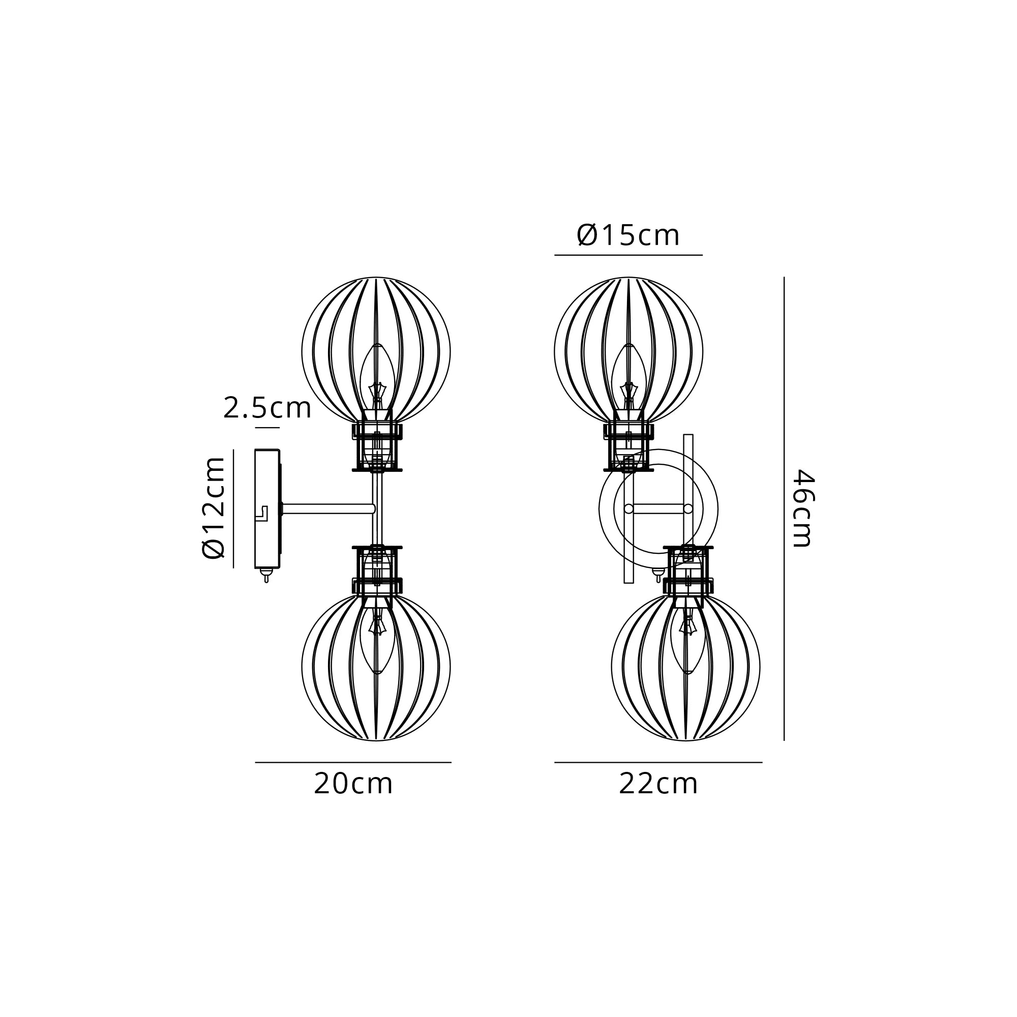 Sycamore Switched Wall Light 2 Light with 15cm Round Segment Glass Shade - Satin Nickel, Clear & Satin Black