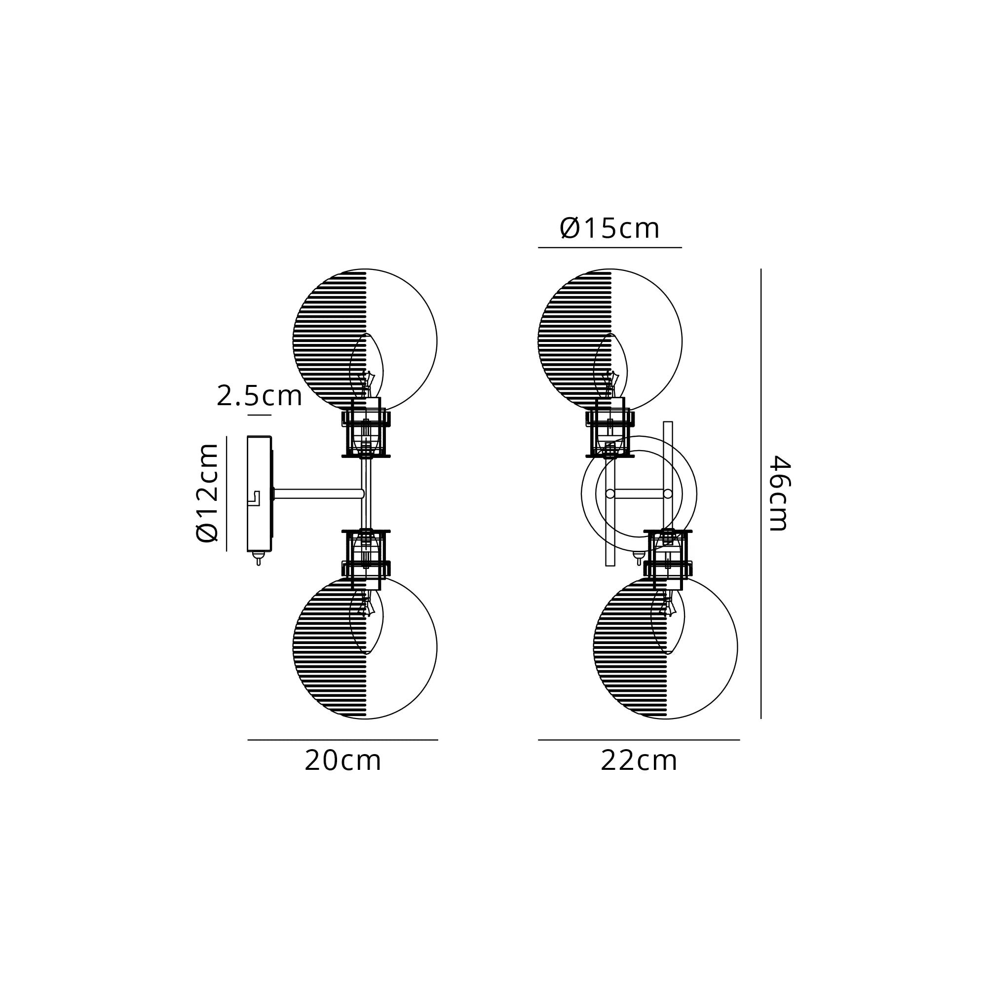 Sycamore Switched Wall Light 2 Light -IP44 with 15cm Round Double Textured Smooth & Ribbed Shade - Satin Nickel, Smoke Plated & Satin Black