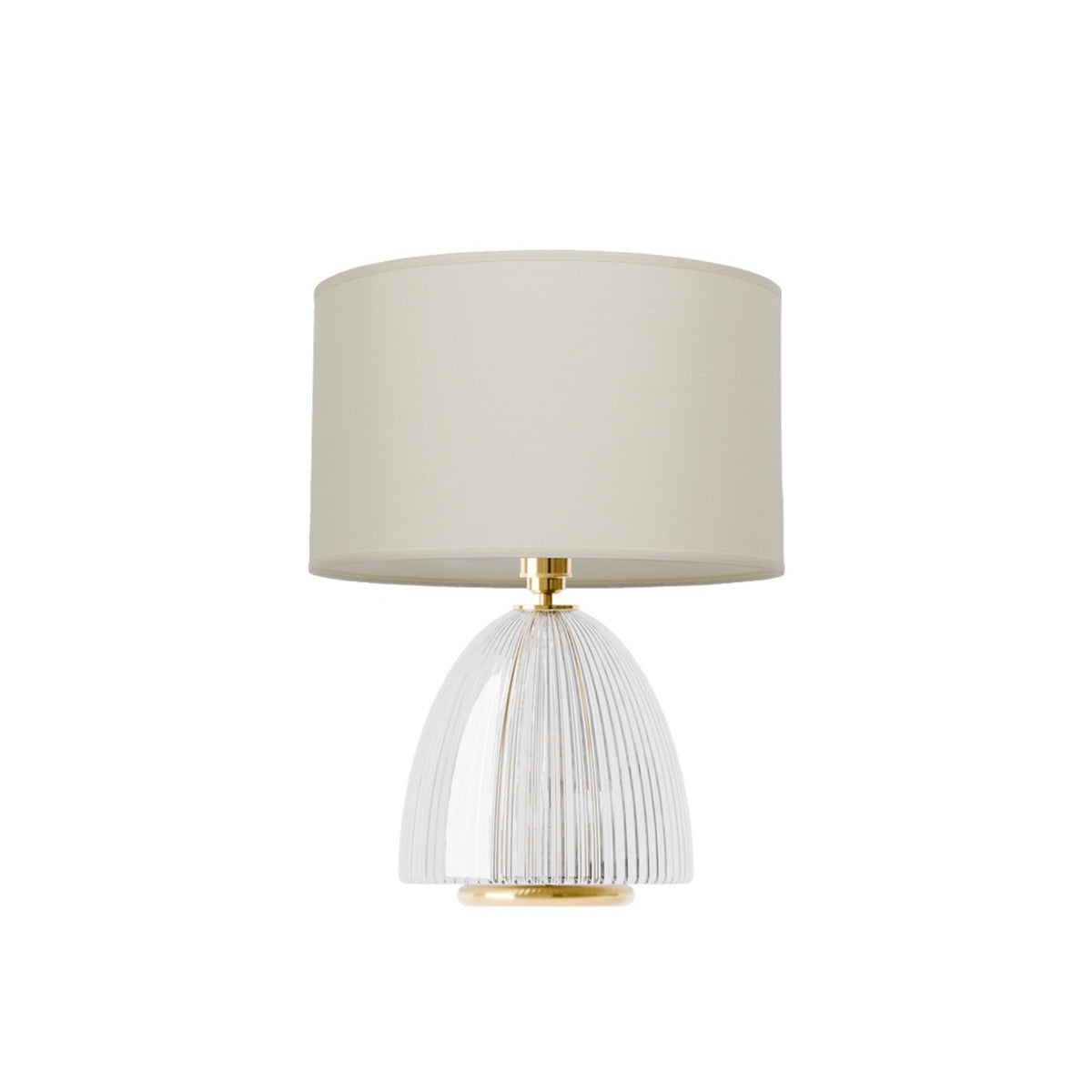Leverint Balham Table Lamp in fine ribbed glass with closely spaced vertical ribs, studio shot on white with a cream drum shade (not included)