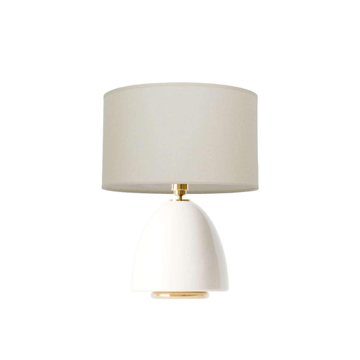 Leverint Balham Table Lamp in glossy opaque white glass on a brass coloured disc base, studio shot on white with a cream drum shade (not included)