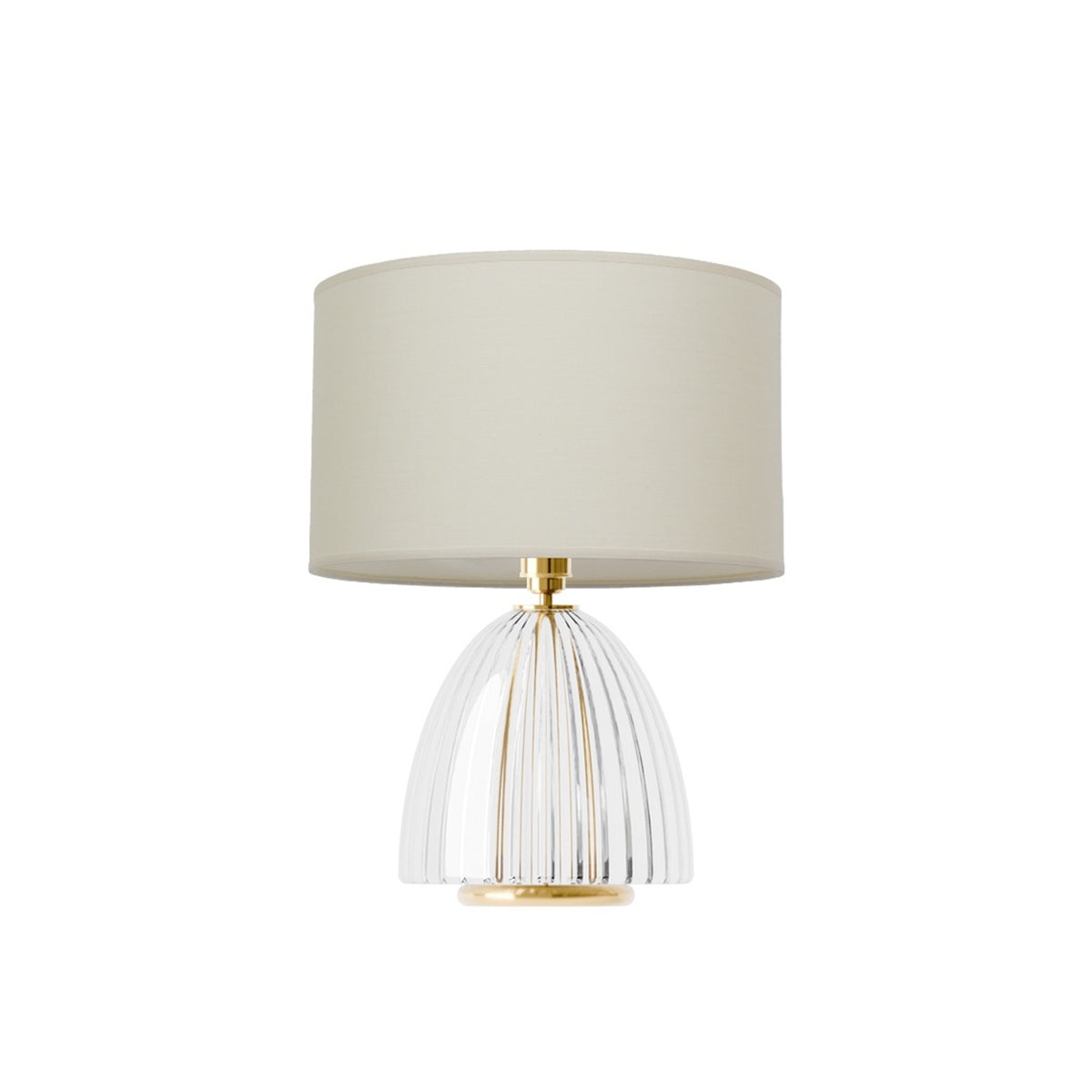 Leverint Balham Table Lamp in ribbed glass, a low dome with vertical ribs on a brass coloured disc base, studio shot on white with a cream drum shade (not included)