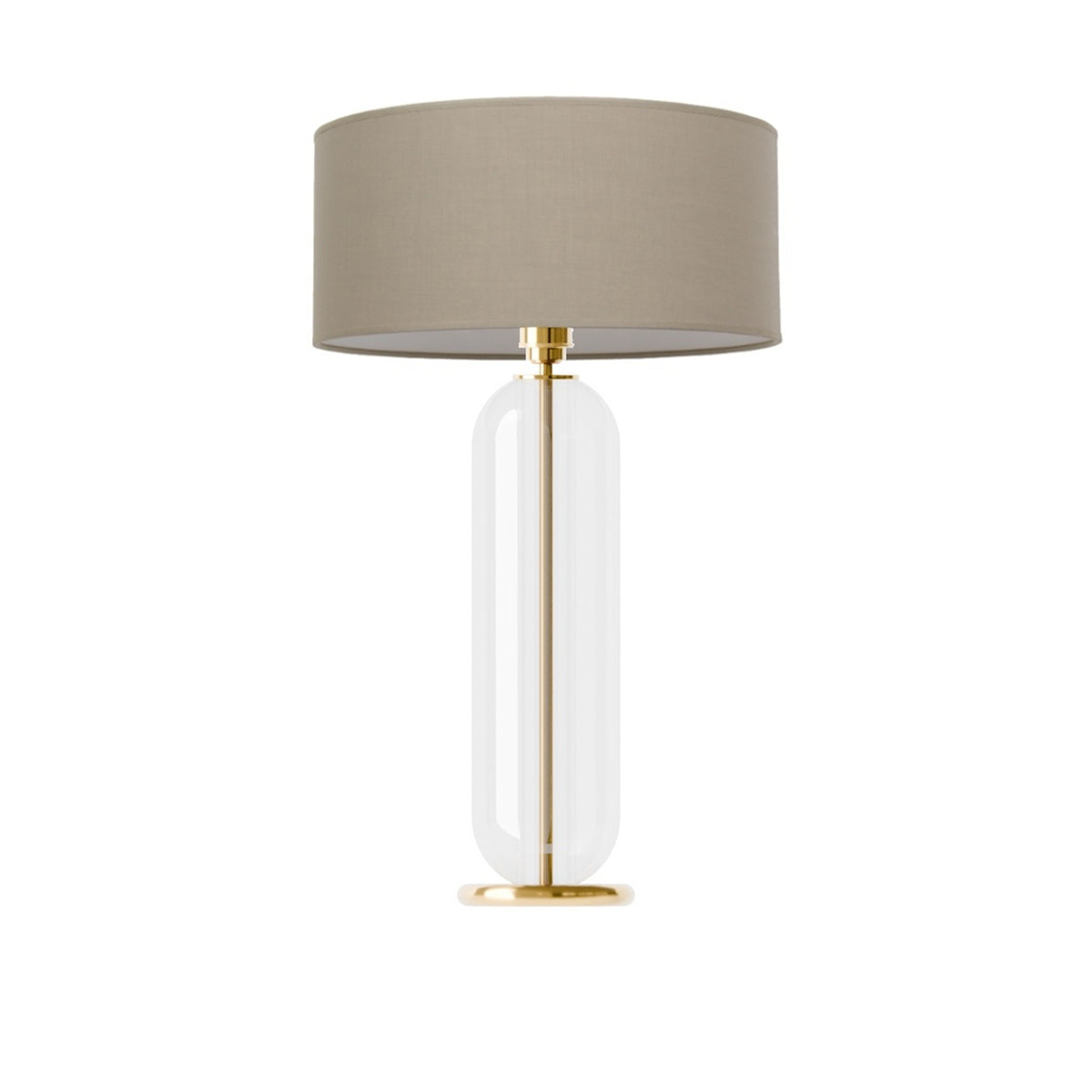 Leverint Bickley Table Lamp in clear glass with a slim brass coloured stem visible through the body, studio shot on white with a taupe drum shade (not included)