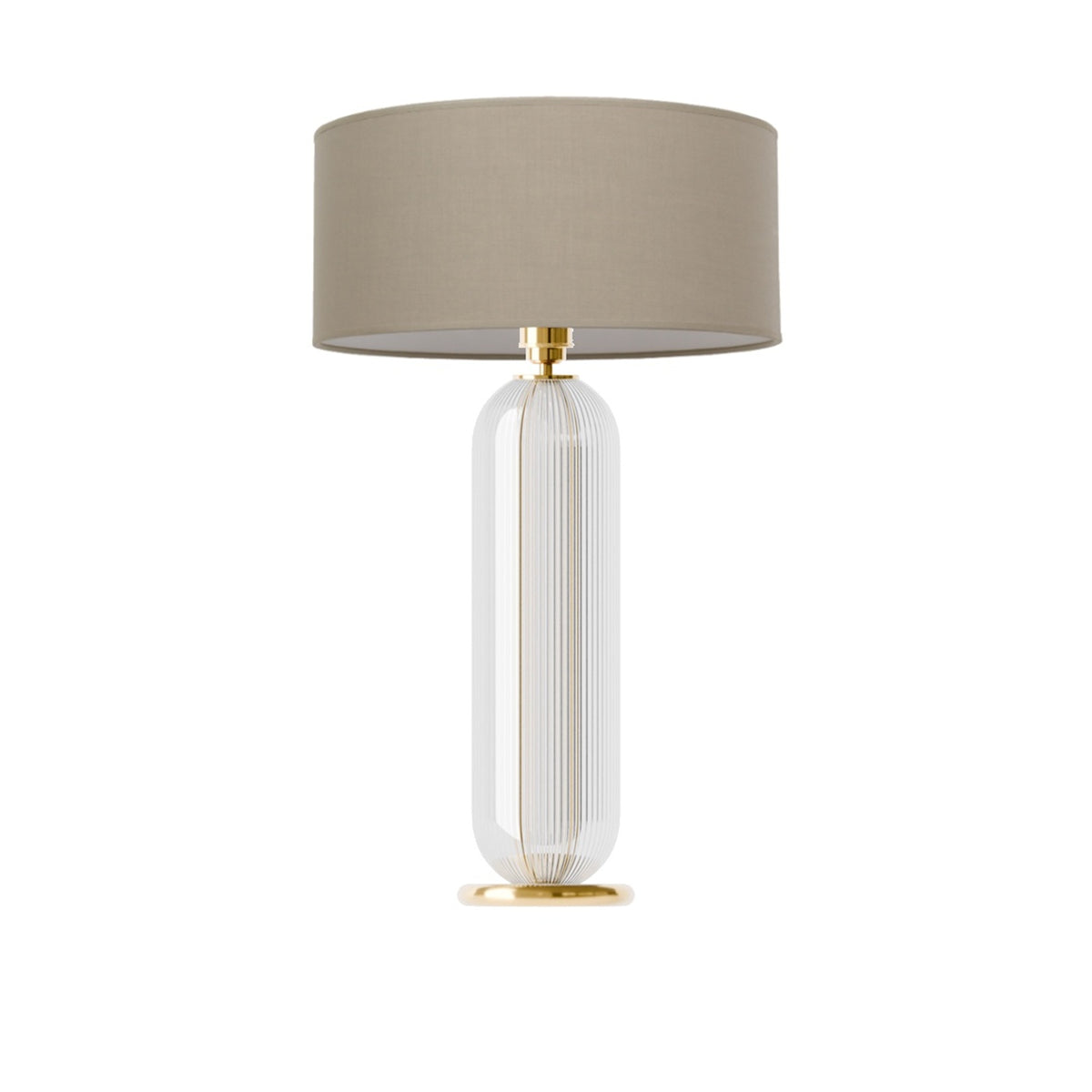 Leverint Bickley Table Lamp in ribbed glass, a tall slim capsule shaped body on a brass coloured disc base, studio shot on white with a taupe drum shade (not included)