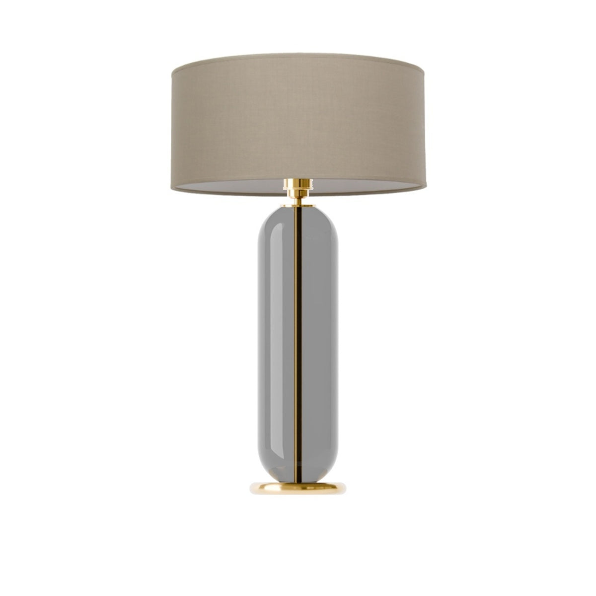Leverint Bickley Table Lamp in smoky transparent black glass with a slim brass coloured stem visible through the body, studio shot on white with a taupe drum shade (not included)