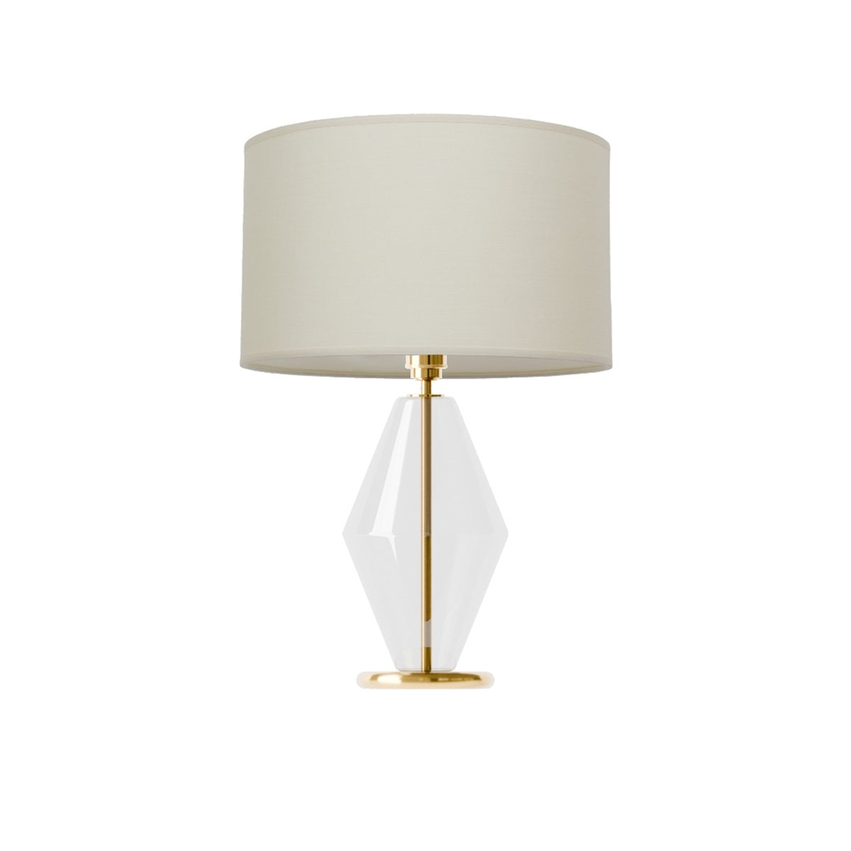 Leverint Canary Table Lamp in clear glass with a slim brass coloured stem visible through the body, studio shot on white with a cream drum shade (not included)