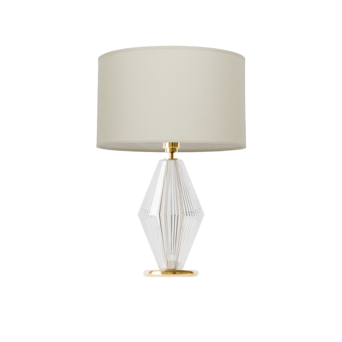Leverint Canary Table Lamp in fine ribbed glass with closely spaced fine ribs, studio shot on white with a cream drum shade (not included)