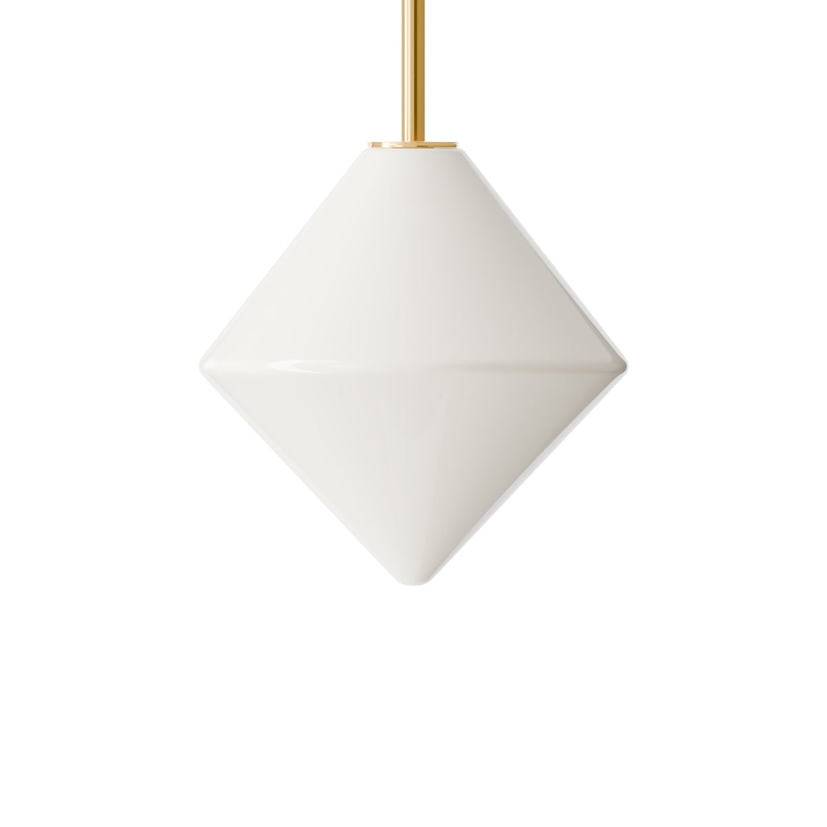 Leverint Canary Sealed Rod Pendant in smooth opaque white glass with a pointed faceted shape on a polished brass rod, studio shot on white