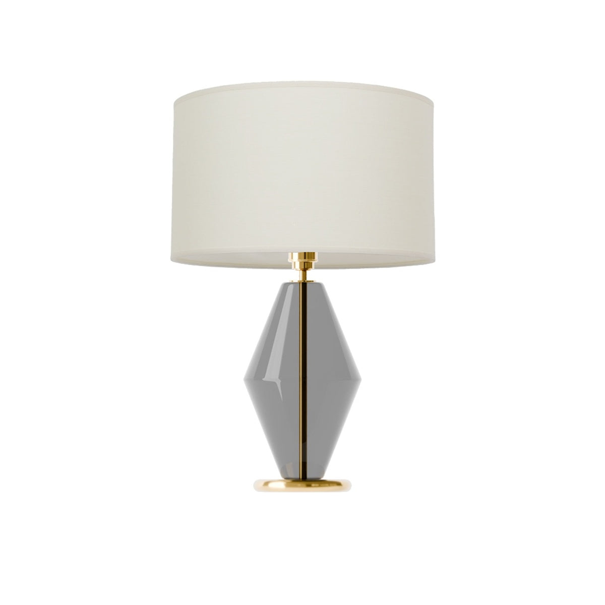 Leverint Canary Table Lamp in smoky transparent black glass with a slim brass coloured stem visible through the body, studio shot on white with a cream drum shade (not included)