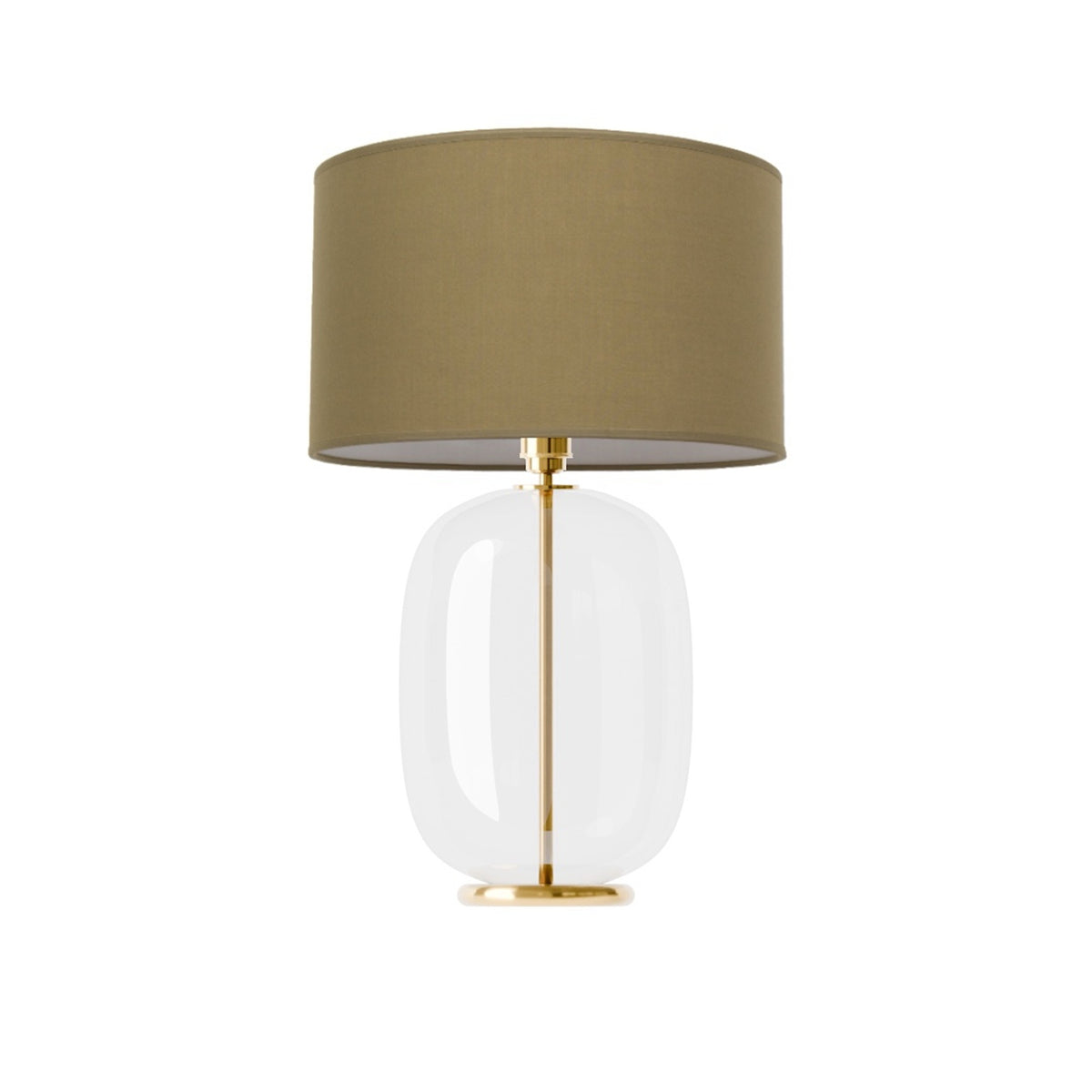 Leverint Charlton Table Lamp in clear glass with a slim brass coloured stem visible through the body, studio shot on white with an olive drum shade (not included)