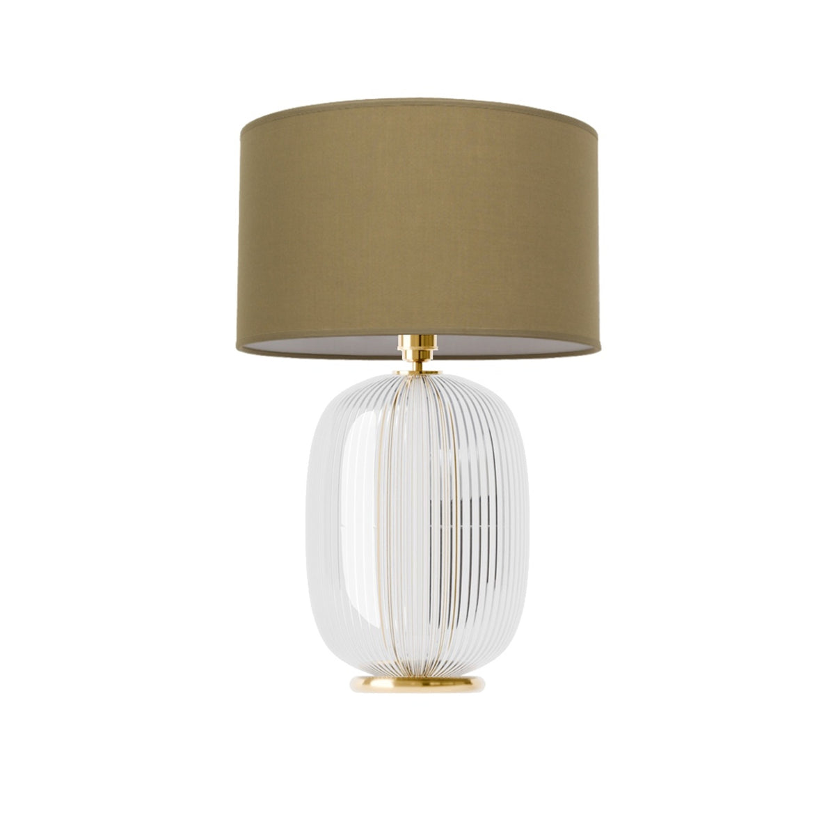 Leverint Charlton Table Lamp in fine ribbed glass with closely spaced vertical ribs, studio shot on white with an olive drum shade (not included)