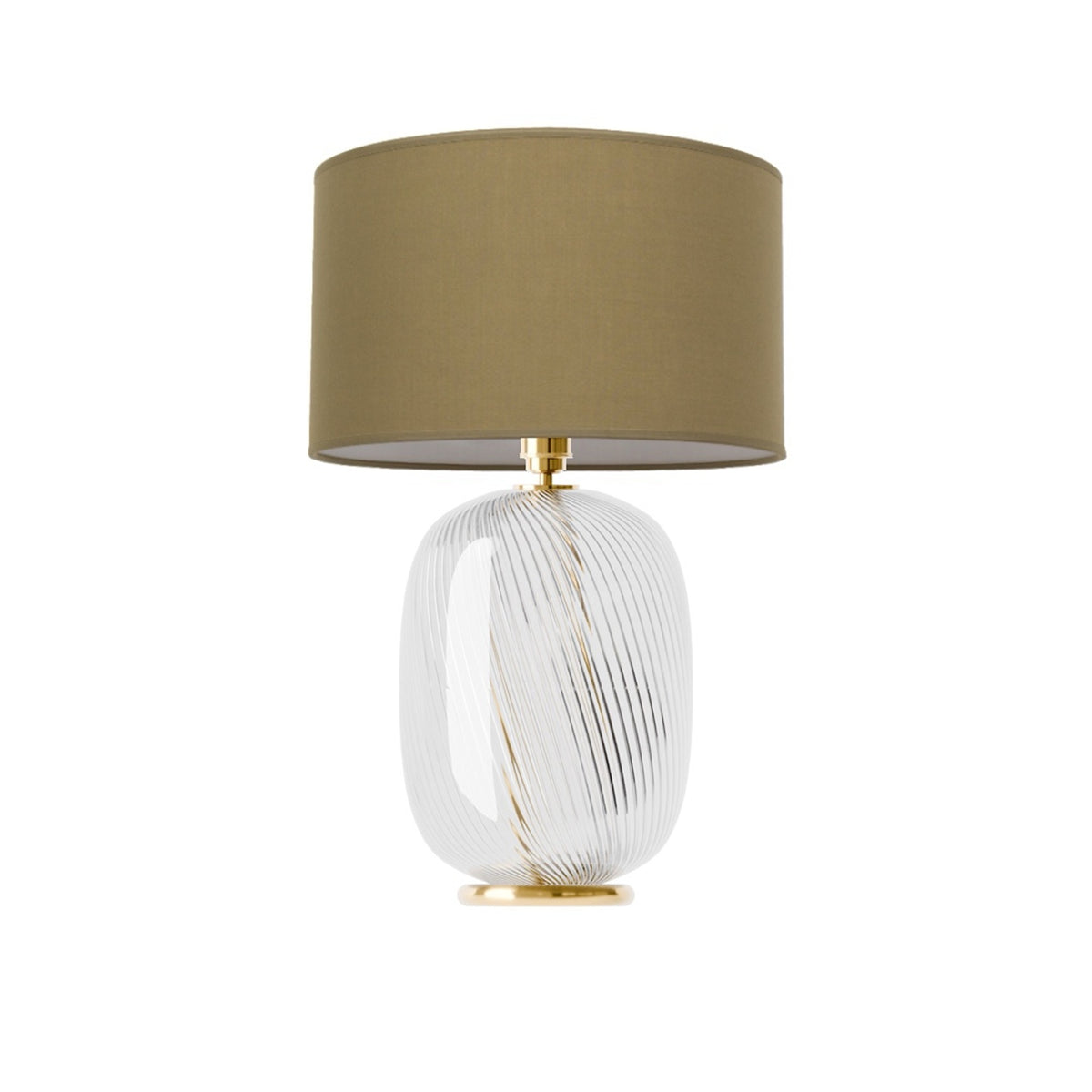Leverint Charlton Table Lamp in fine ribbed twist glass with fine diagonal twisted ribs, studio shot on white with an olive drum shade (not included)