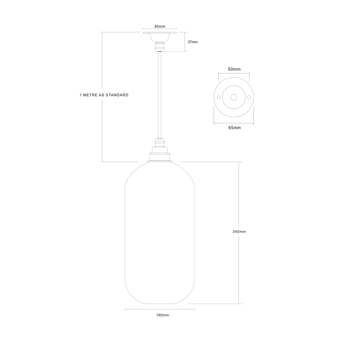 Dimension drawing of the Leverint Charlton Large Pendant showing a 180mm wide, 340mm high shade, 1 metre standard drop and ceiling rose sizes