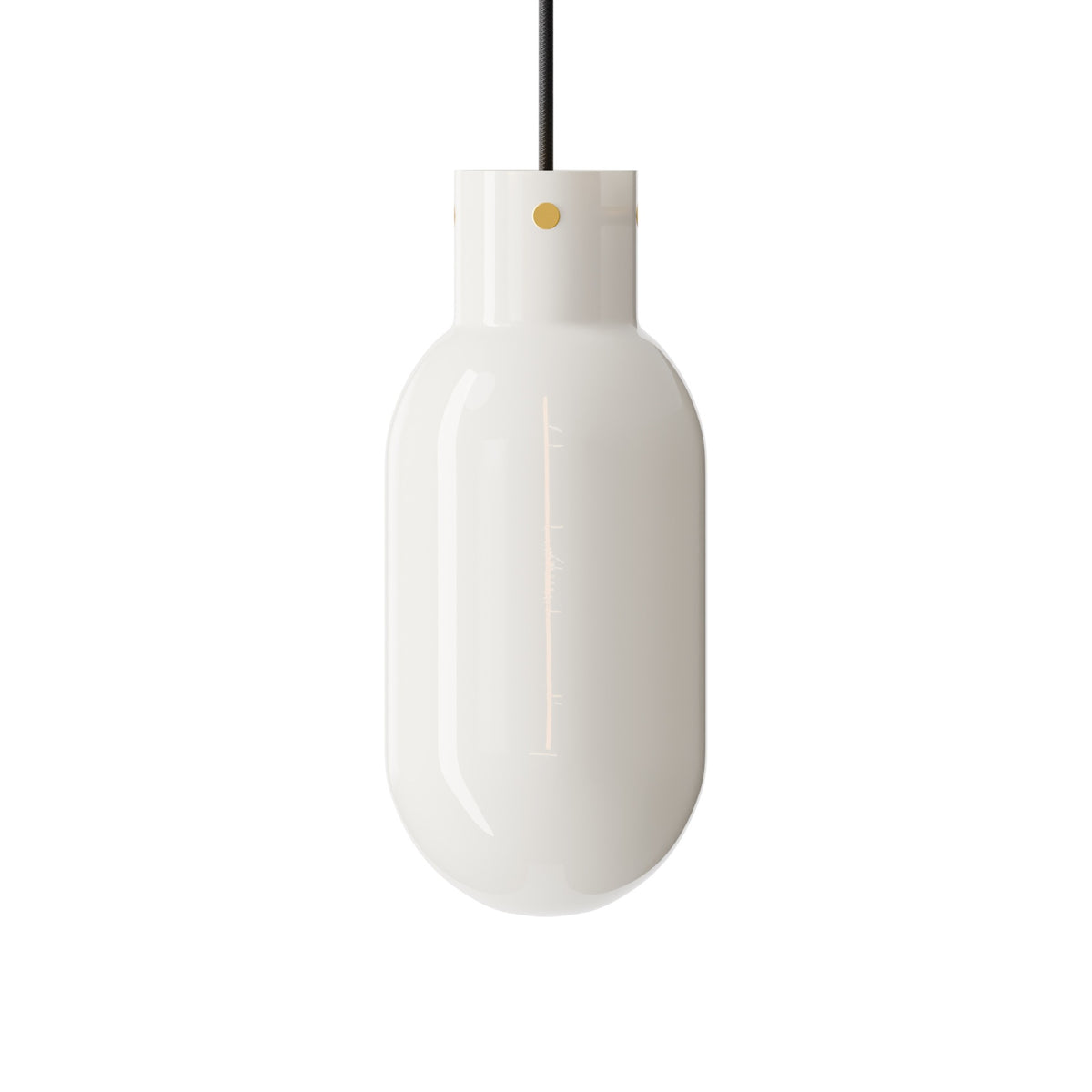 Leverint Charlton V2 pendant in opaque white glass with small brass pins at the neck, studio shot on white