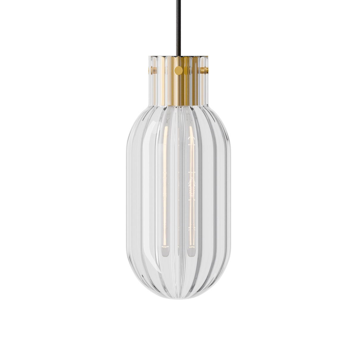 Leverint Charlton V2 pendant, a tall capsule shaped ribbed glass shade with a brass toned collar and dark fabric flex, studio shot on white