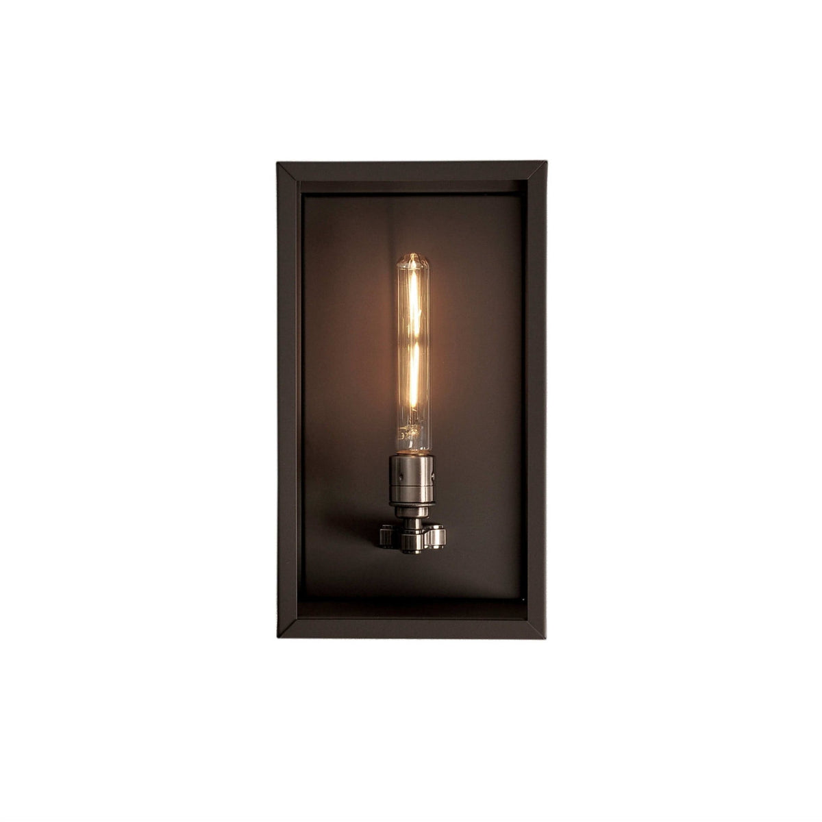 Leverint Chelsea Large Wall Lantern in antique black, studio shot on white of the wide glass fronted box lantern with a lit tube filament bulb