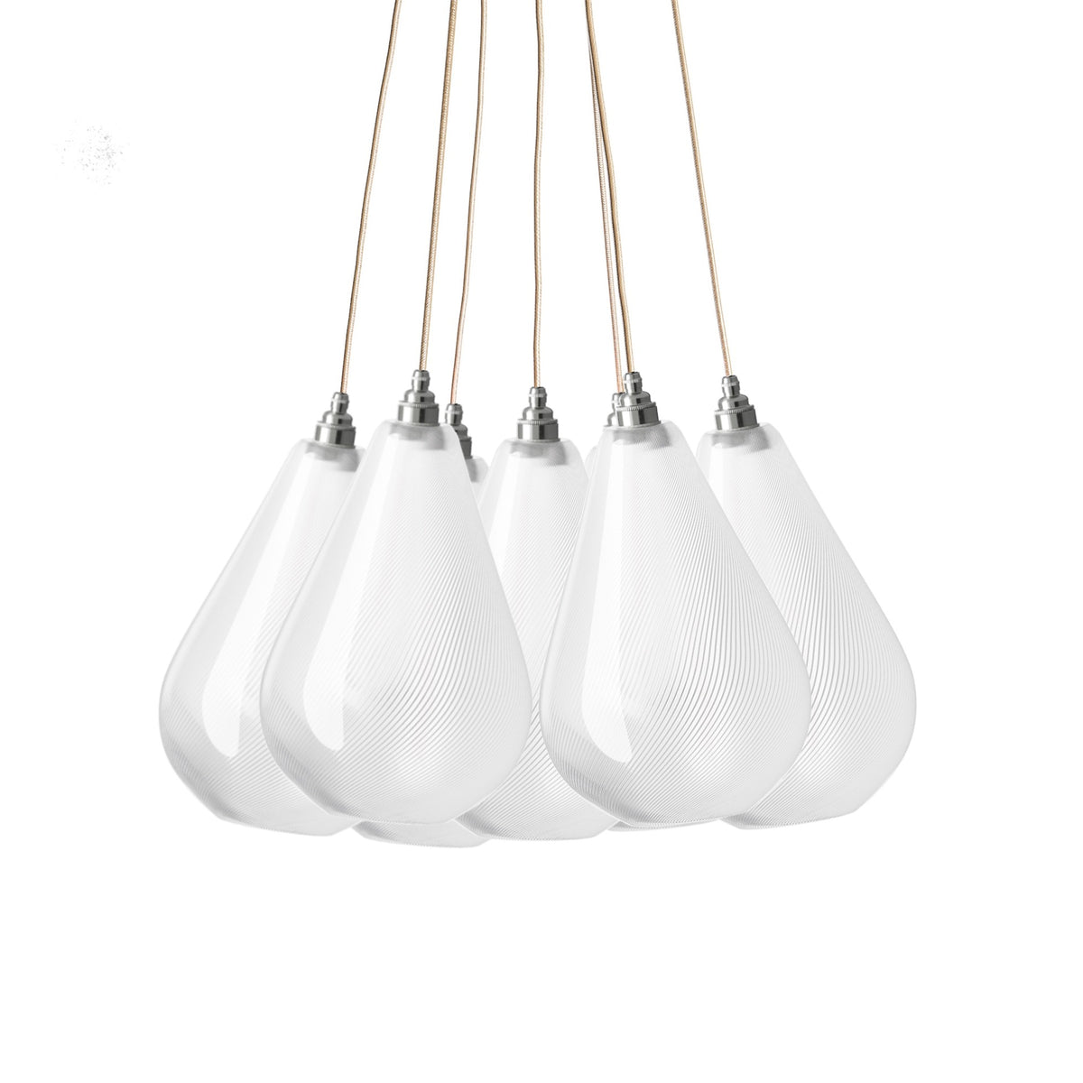 Leverint Kingston Bunched Cluster 7 Way with seven white toned ribbed glass teardrop pendants bunched together, nickel toned lamp holders and pale gold fabric flex, studio shot on white